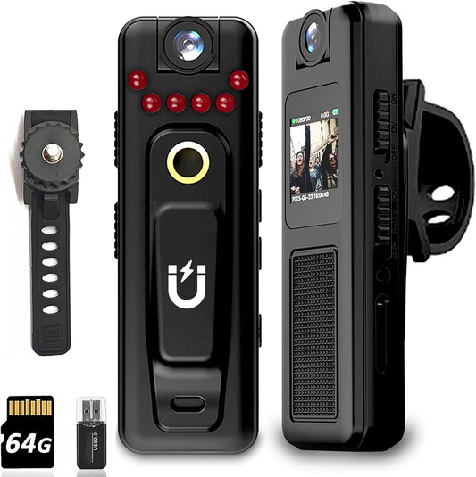 Mini Body Camera with Audio & Video Recording -1080p 64GB Camcorders -180° Rotatable Lens with Night Vision Loop Recording Worn Cams - for Personal Travel Walking Law Enforcement Outdoor