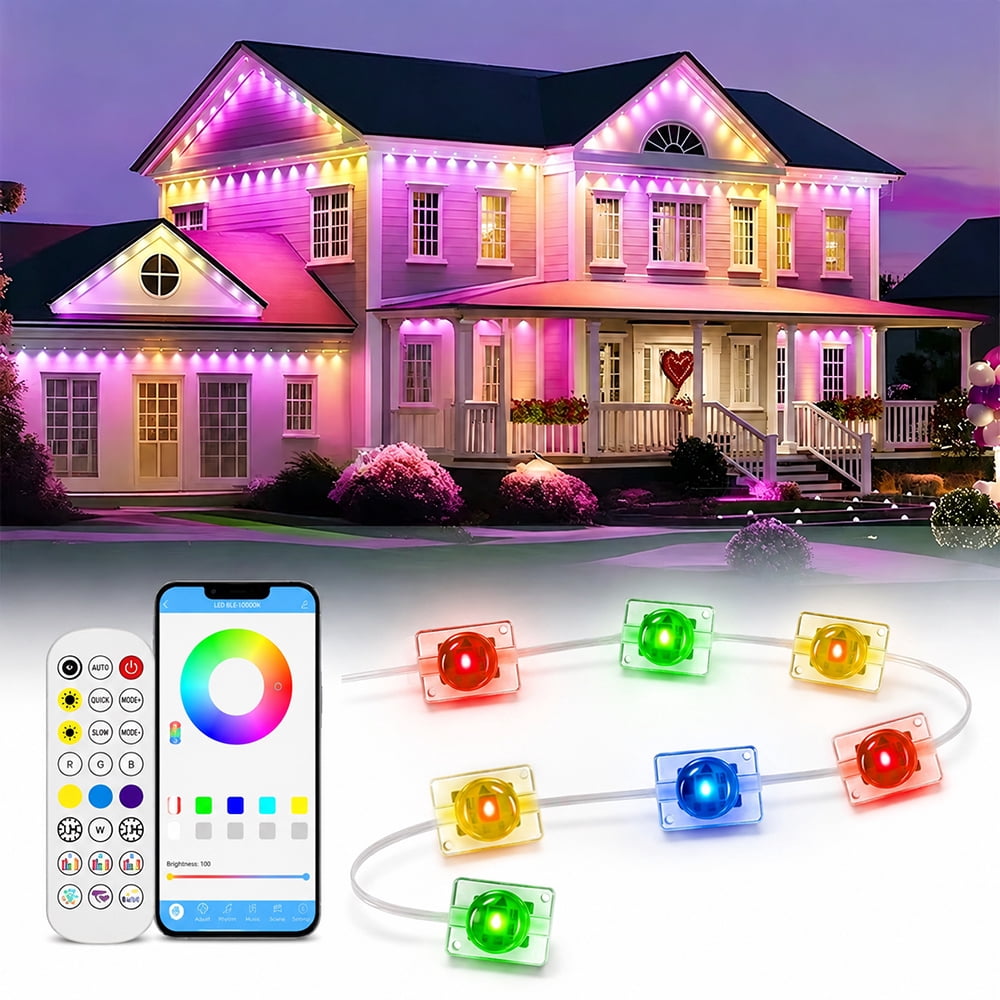 Permanent Christmas Outdoor Lights 49ft Smart RGBW Outdoor Eaves String Light with 18 LED Lights 16 Million Colors APP/Remote Control IP67 Waterproof Roof Lights for Halloween Christmas Party Decor