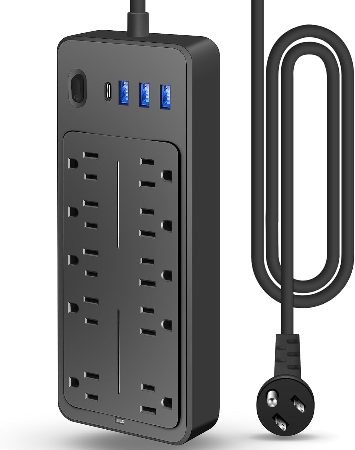 Power Strips with Surge Protection 16Awg Heavy Duty 2000W/13A 10 Outlets with 4 USB Ports (1 USB C) Extension Cord with Multiple Outlets 14-in-1 Flat Plug Power Strip Protector for Home Office Black