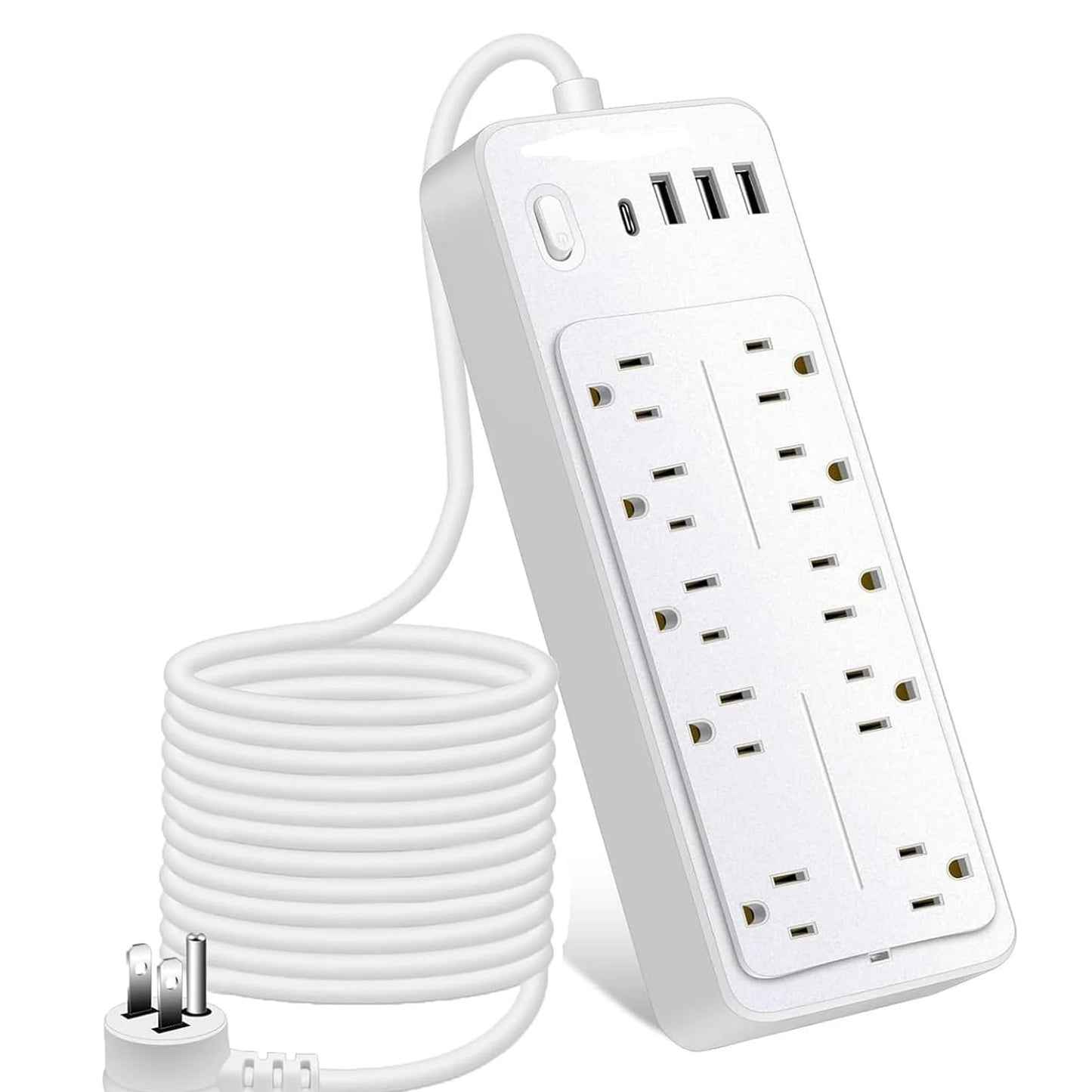 Power Strips with Surge Protection 16Awg Heavy Duty 2000W/13A 10 Outlets with 4 USB Ports (1 USB C) Extension Cord with Multiple Outlets 14-in-1 Flat Plug Power Strip Protector for Home Office White