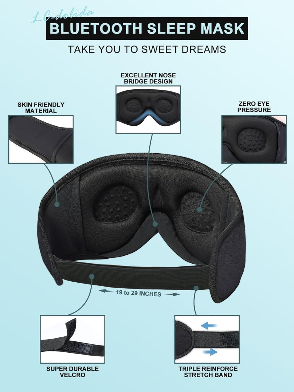 LC-dolida Sleep Headphones 3D Sleep Mask Bluetooth Wireless Music Eye Mask  Sleeping Headphones for Side Sleepers