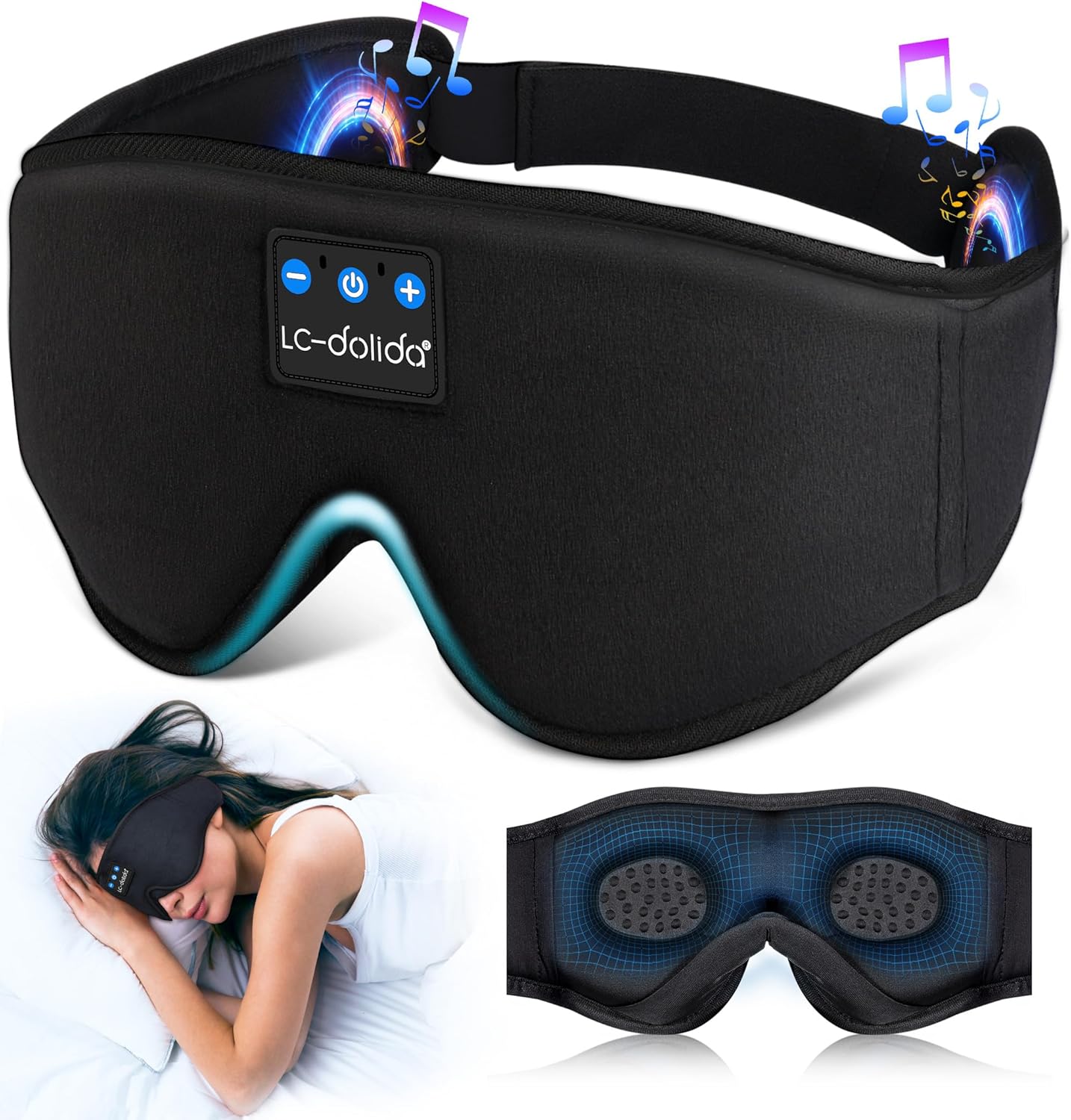 LC-dolida Sleep Headphones 3D Sleep Mask Bluetooth Wireless Music Eye Mask  Sleeping Headphones for Side Sleepers