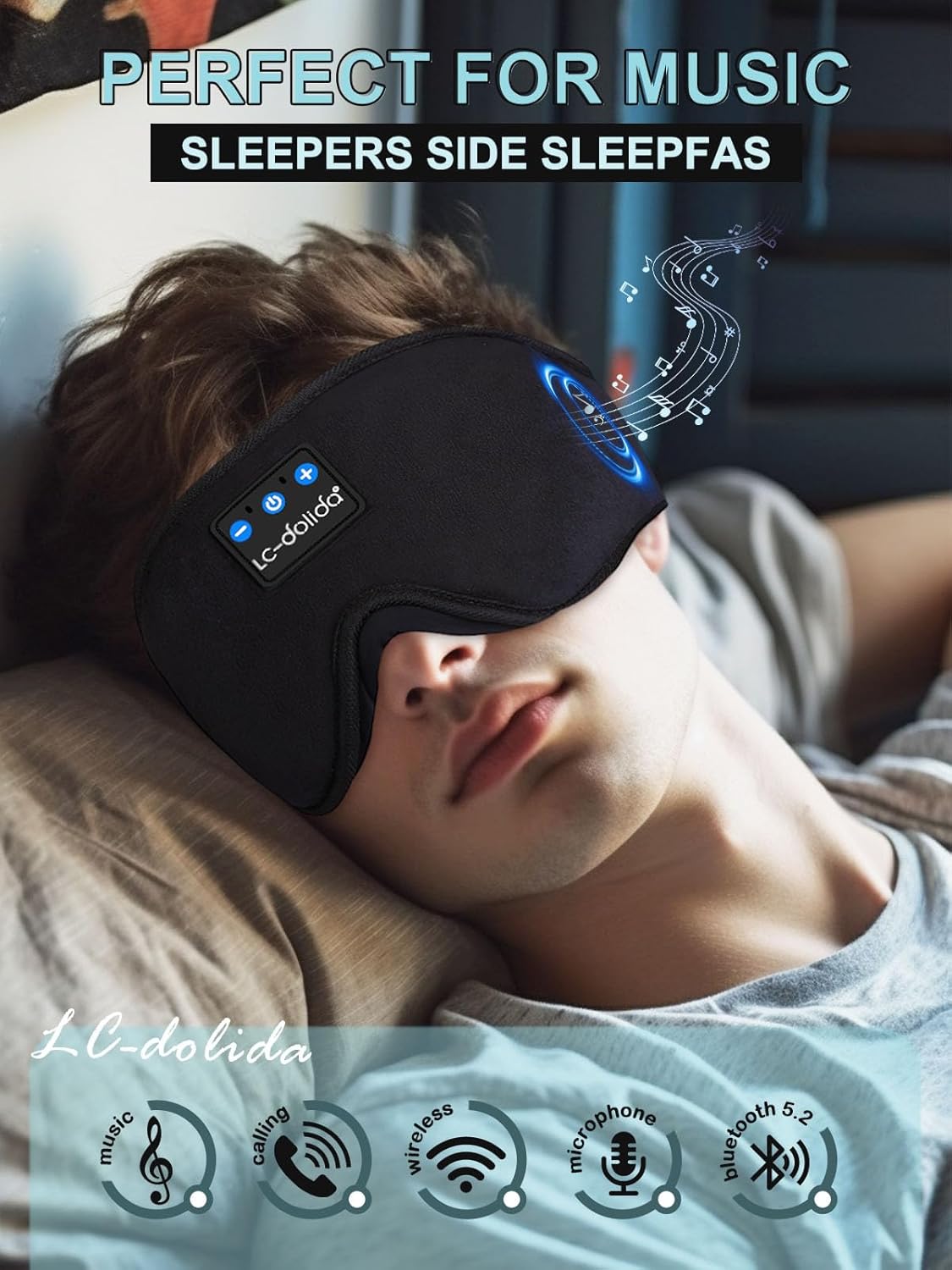 LC-dolida Sleep Headphones 3D Sleep Mask Bluetooth Wireless Music Eye Mask  Sleeping Headphones for Side Sleepers
