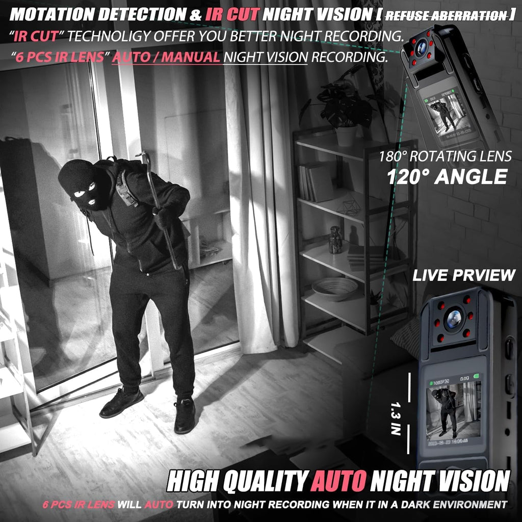 Body Camera with Audio and Video Recording  HD 1080P Body Cam with 180° Rotating Lens  6HR Battery  IR Cut Auto Night Vision  128GB Body Worn Camcorder  for Personal Civilians  Police Law Enforcement