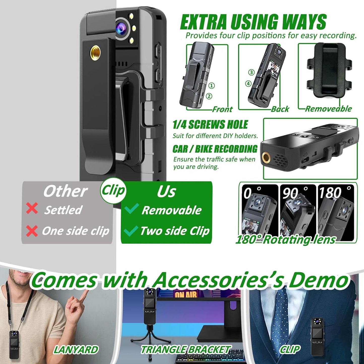 Body Camera with Audio and Video Recording  HD 1080P Body Cam with 180° Rotating Lens  6HR Battery  IR Cut Auto Night Vision  128GB Body Worn Camcorder  for Personal Civilians  Police Law Enforcement