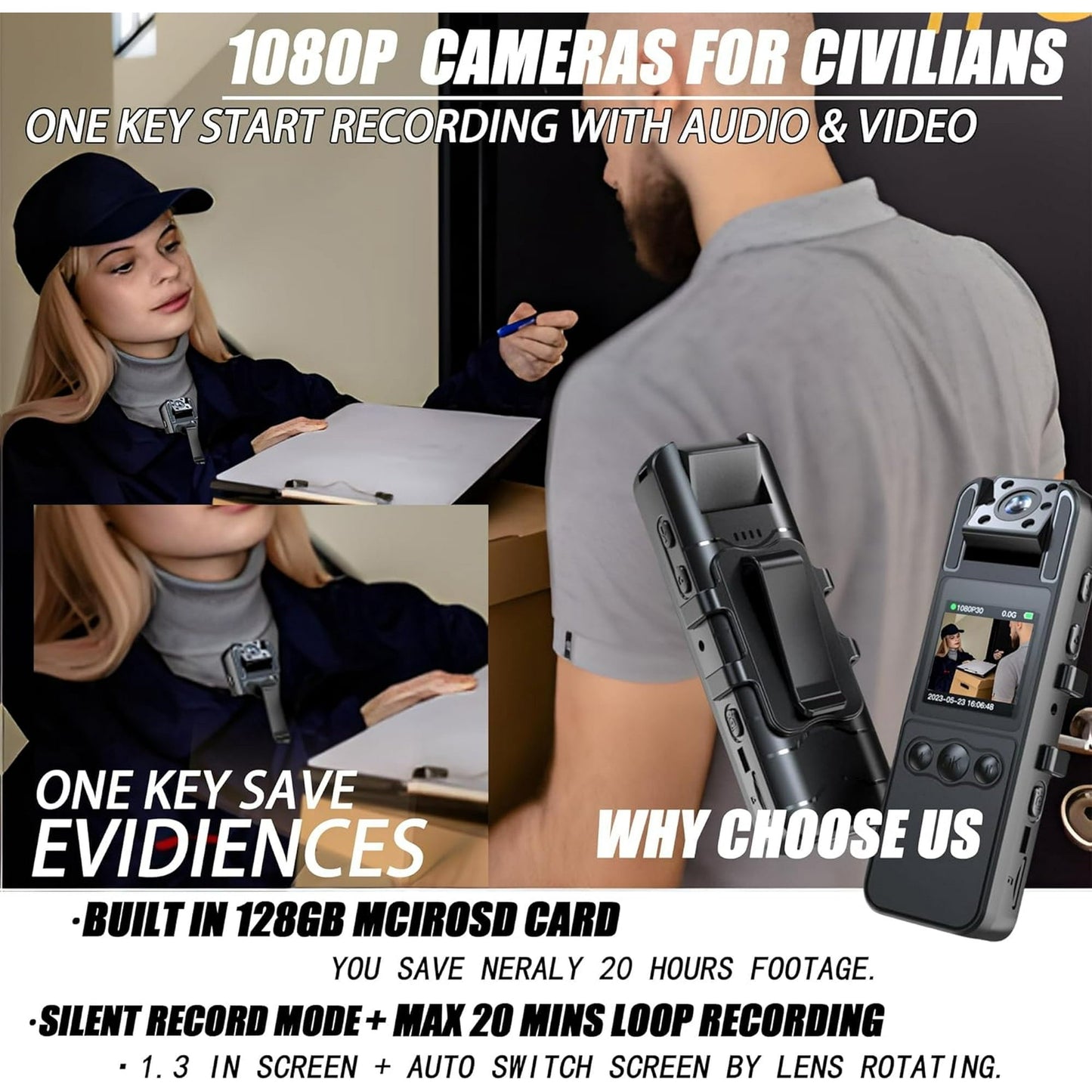 Body Camera with Audio and Video Recording  HD 1080P Body Cam with 180° Rotating Lens  6HR Battery  IR Cut Auto Night Vision  128GB Body Worn Camcorder  for Personal Civilians  Police Law Enforcement