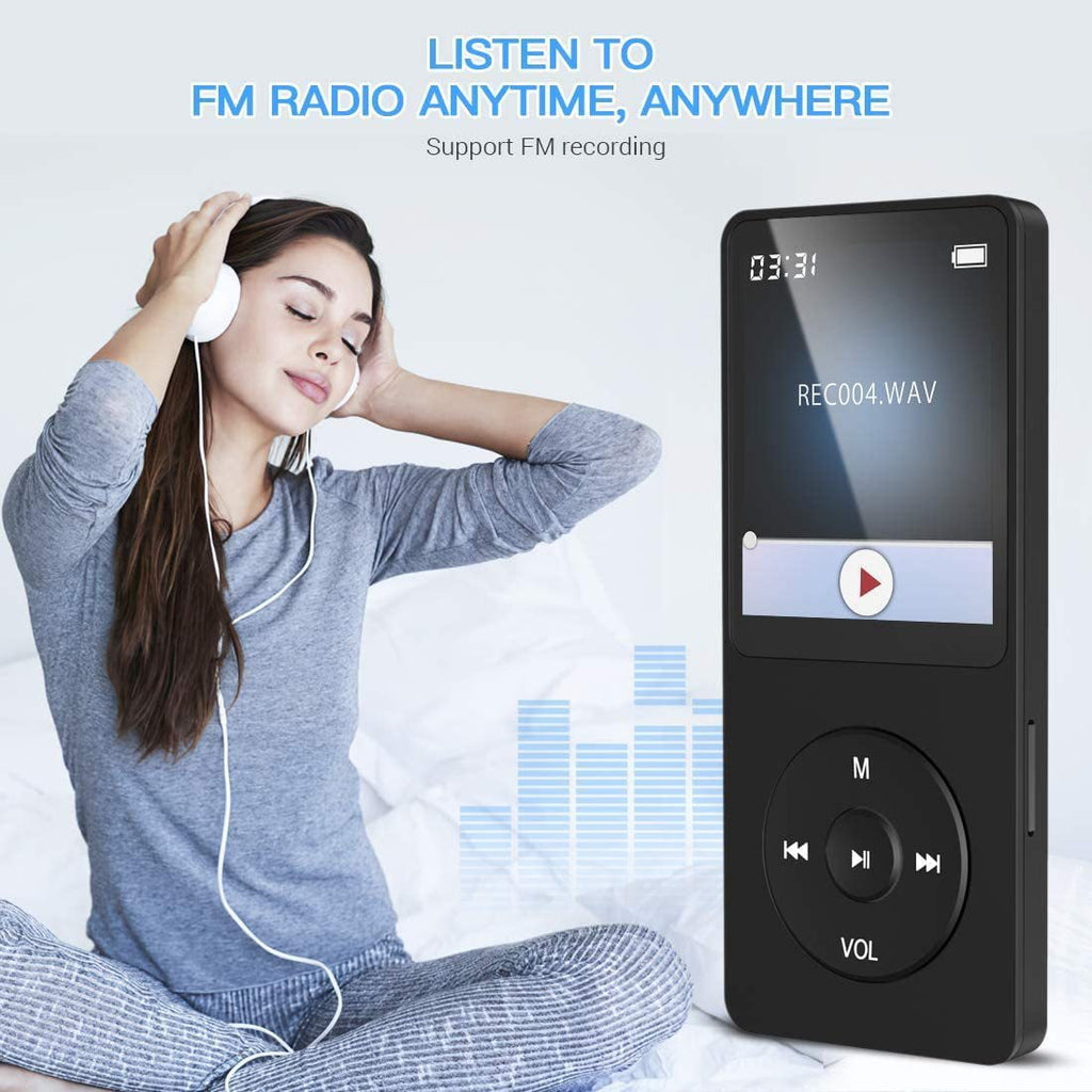 MP3 Player  Music Player with 32GB Micro SD Card  Earphone Build-in Speaker/Photo/Video Play/FM Radio/Voice Recorder/E-Book Reader  Supports up to 128GB for Kids Running Walking