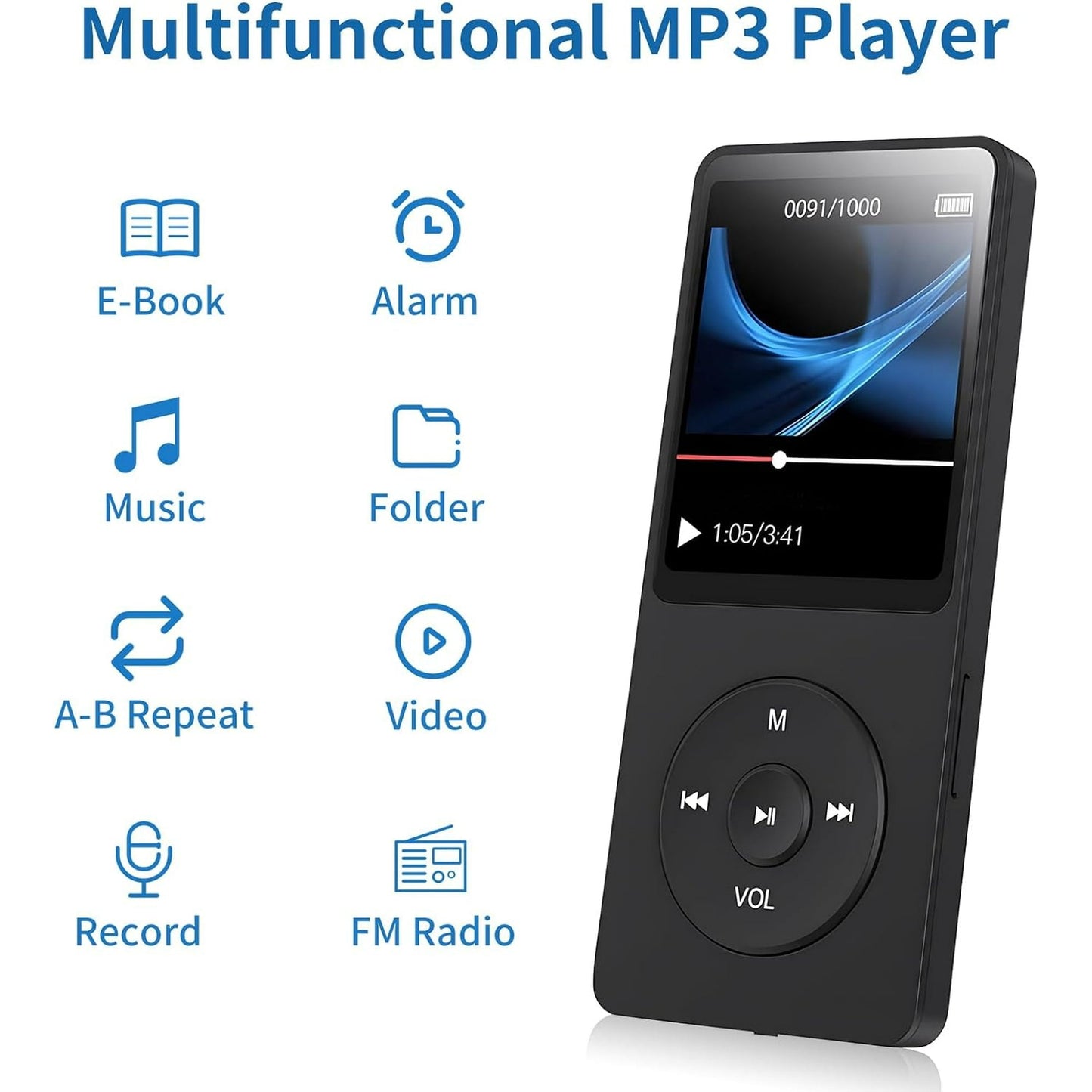 MP3 Player  Music Player with 64GB Micro SD Card  Earphone Build-in Speaker/Photo/Video Play/FM Radio/Voice Recorder/E-Book Reader  Supports up to 128GB for Kids Running Walking