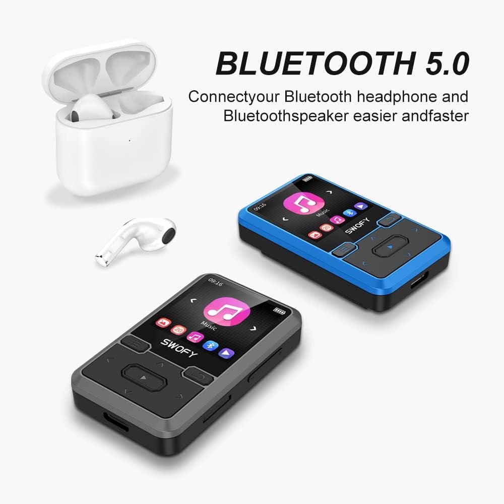 32GB MP3 Player with Bluetooth 5.0  Mini Clip Portable Wearable MP3 Player with FM Radio Recording  Children s Music mp3 Player  Mp3 Mp4 Player with Pedometer  Music Player Support up to 128GB(Black)