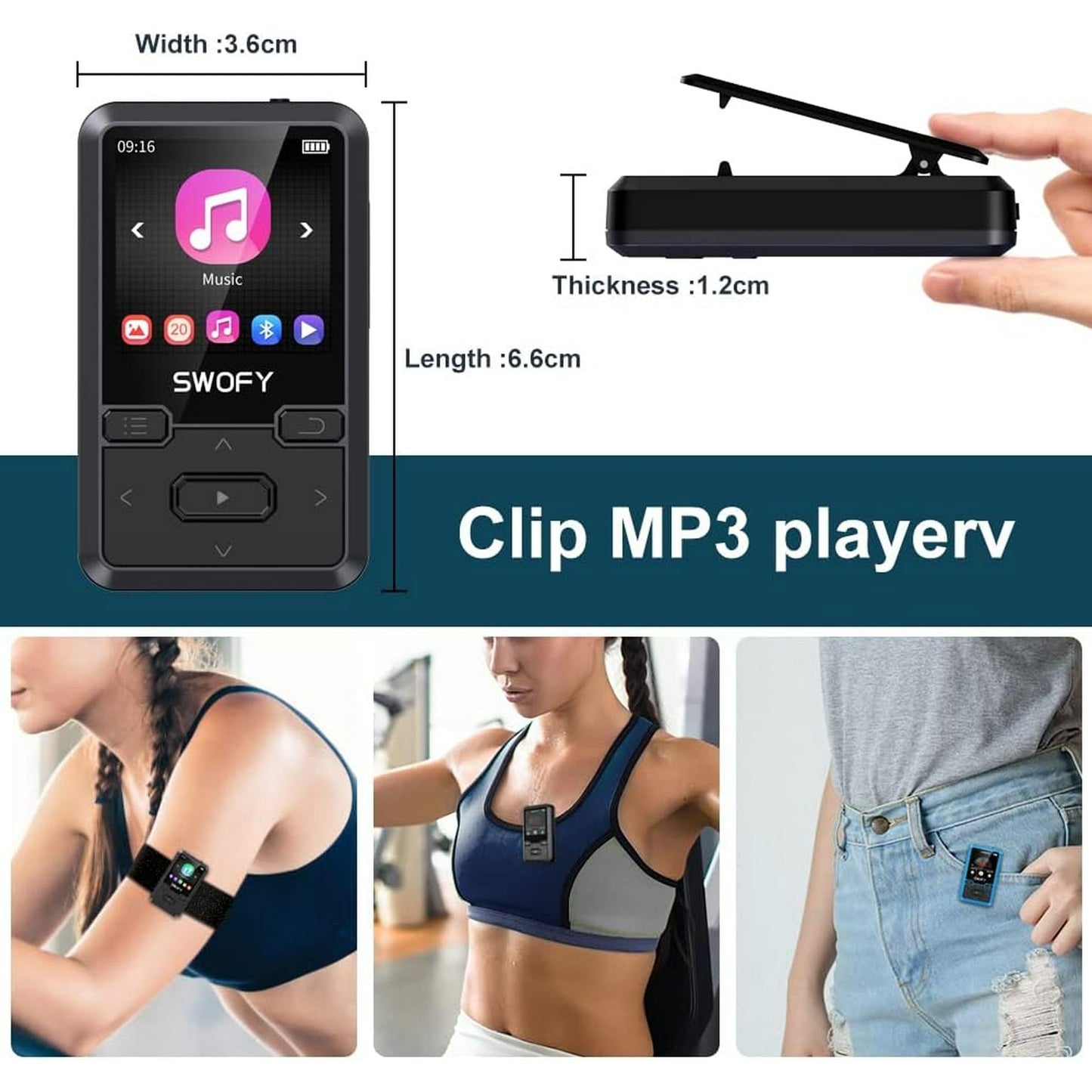 32GB MP3 Player with Bluetooth 5.0  Mini Clip Portable Wearable MP3 Player with FM Radio Recording  Children s Music mp3 Player  Mp3 Mp4 Player with Pedometer  Music Player Support up to 128GB(Black)