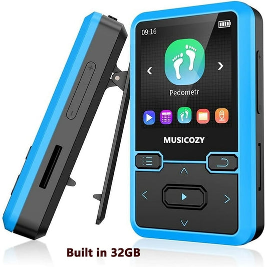32GB MP3 Player with Bluetooth 5.0  Mini Clip Portable Wearable MP3 Player with FM Radio Recording  Children s Music mp3 Player  Mp3 Mp4 Player with Pedometer  Music Player Support up to 128GB(Blue)
