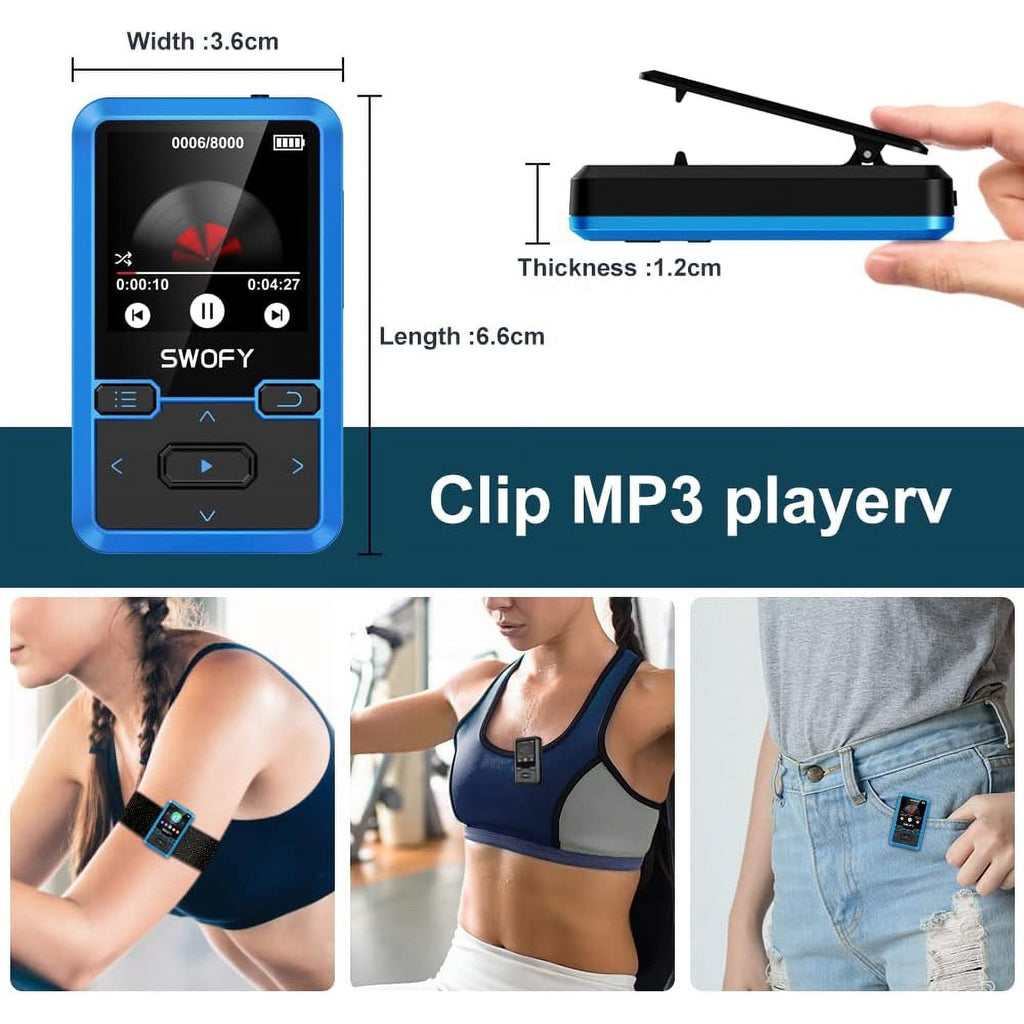 32GB MP3 Player with Bluetooth 5.0  Mini Clip Portable Wearable MP3 Player with FM Radio Recording  Children s Music mp3 Player  Mp3 Mp4 Player with Pedometer  Music Player Support up to 128GB(Blue)