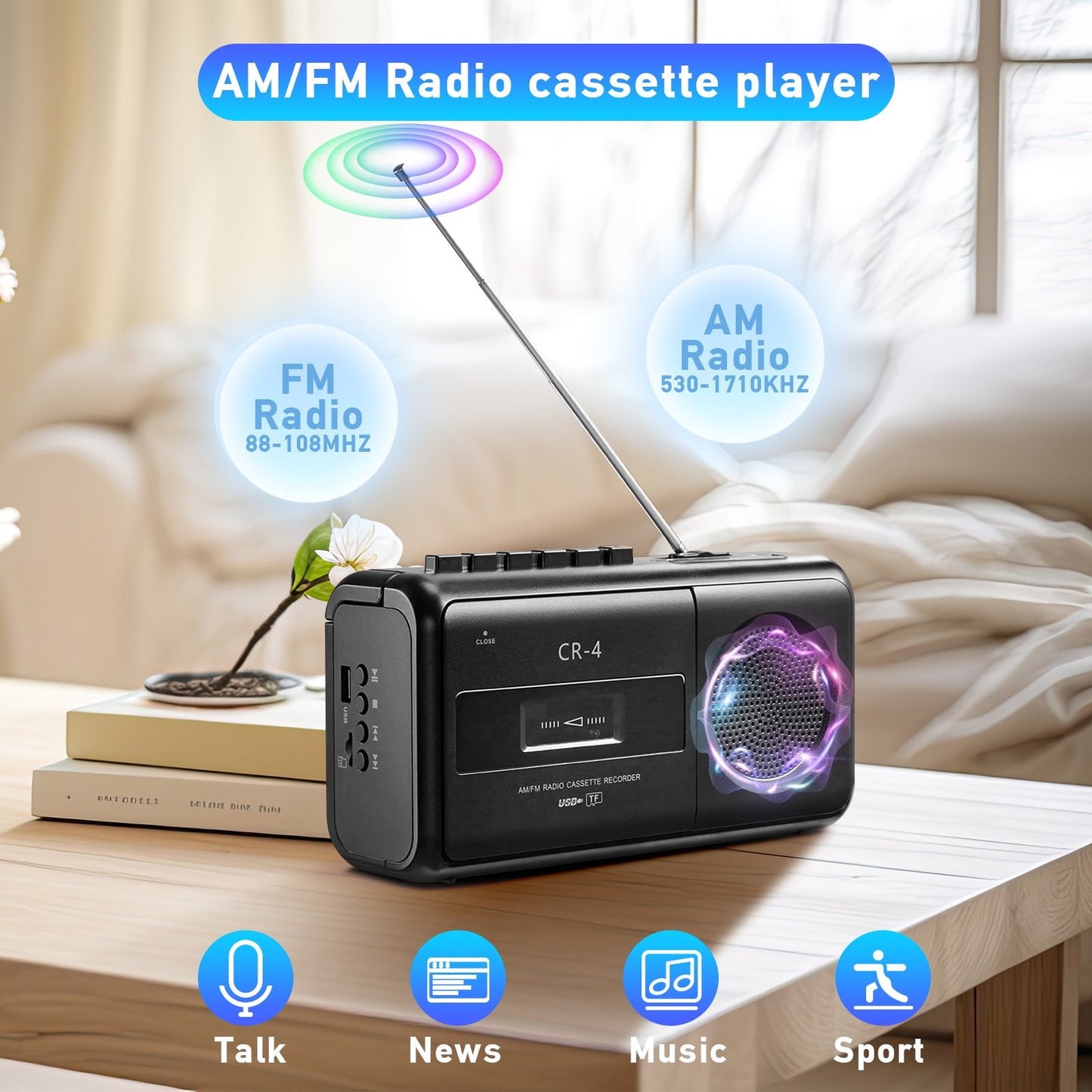 Cassette Tape Player Boombox Portable Cassette Player AM/FM/SW Radio Stereo Tape Player/Recorder with Big Speaker and Earphone Jack AC Powered or Battery Operated Black