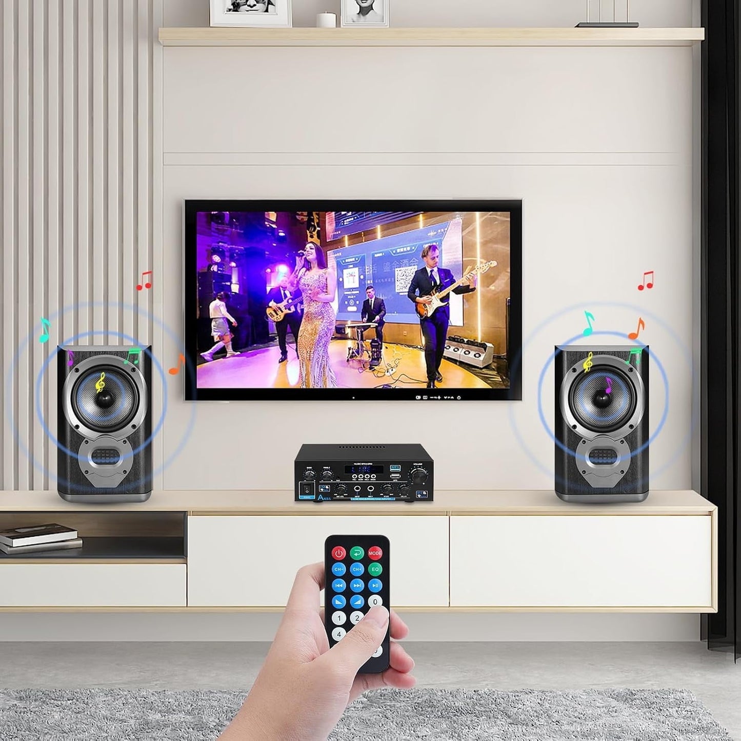 AK55 Amplifier Home Audio Stereo Receiver with Bluetooth 5.0 Rated Power 70W X2 Mini AMP 2.0 Channel HiFi Stereo Amplifier for Home Theater Audio System  Studio  Karaoke  W/Bass/Treble/AUX/FM/MIC/USB