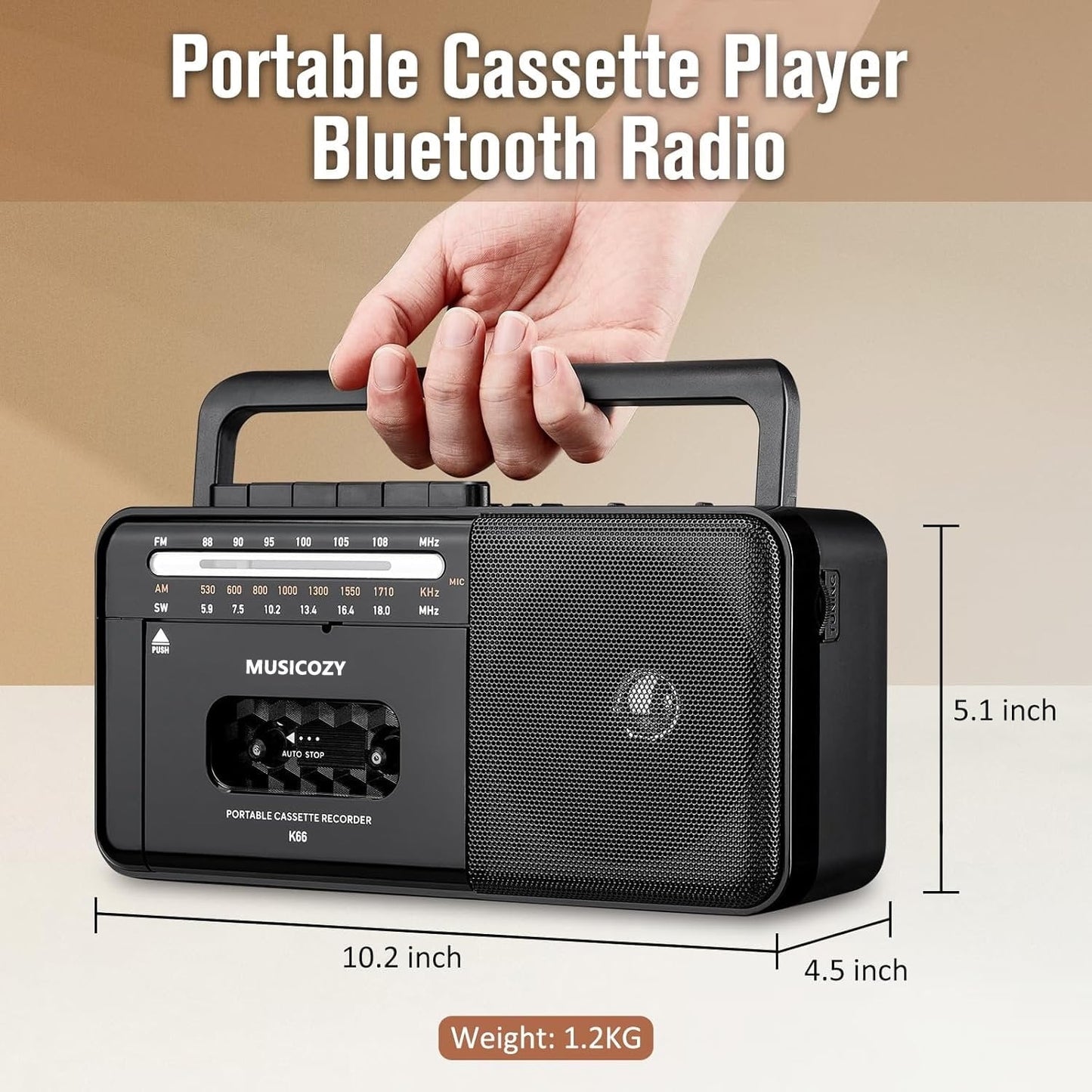 Cassette Tape Player Bluetooth Boombox  Cassette Player AM/FM/SW Radio Stereo  Tape Player/Recorder with Big Speaker and Earphone Jack  USB/TF Card Player  AC Powered or Battery Operated Black