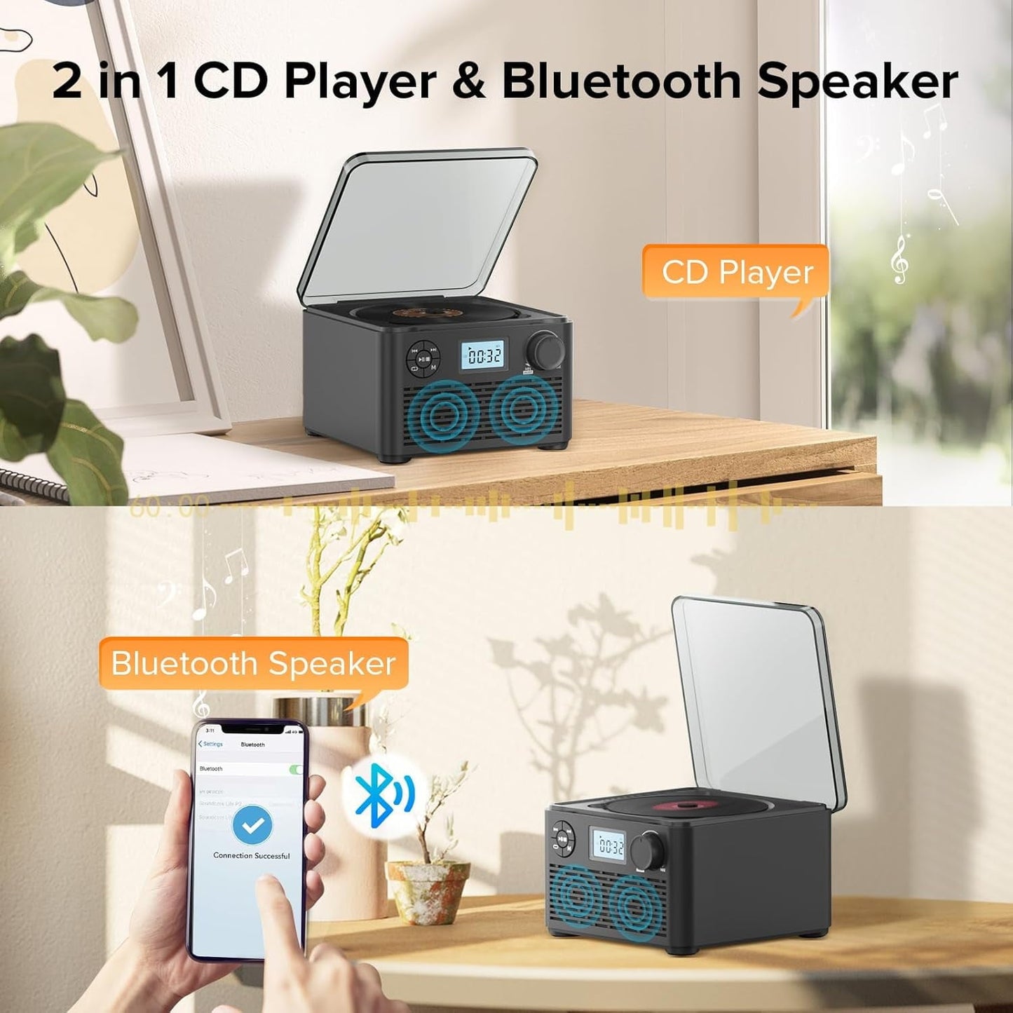 Portable CD Player Boombox with Bluetooth CD Players for Home with Stereo Speakers Rechargeable BoomBox CD Player with FM Radio Support CD/MP3 USB/TF Card Headphone Jack for Home and Kids Gift