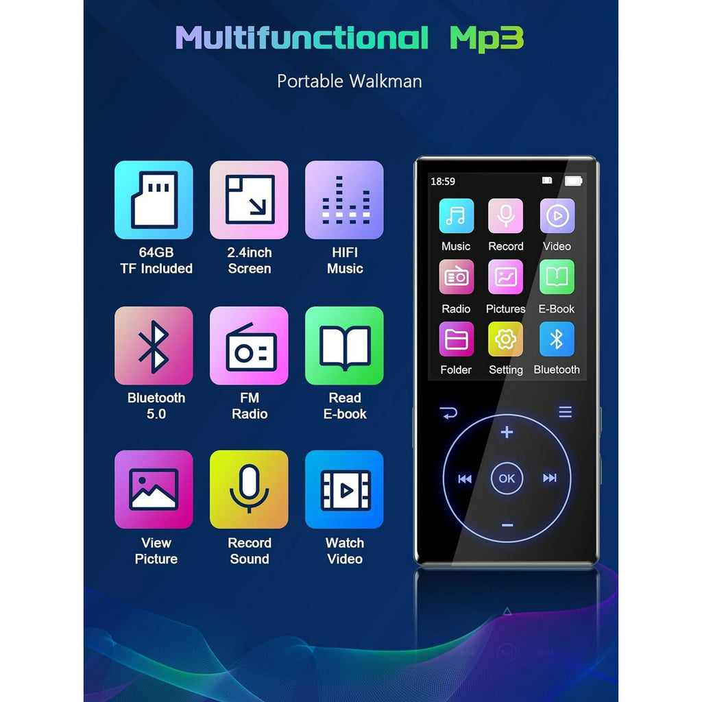 128GB MP3 Player with Bluetooth 5.0: Portable Lossless Sound Music Player with HD Speaker 2.4  Screen Voice Recorder FM Radio Touch Buttons 64G Storage+Support up to 64GB for Running Walking