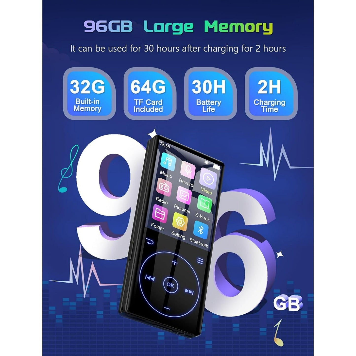 128GB MP3 Player with Bluetooth 5.0: Portable Lossless Sound Music Player with HD Speaker 2.4  Screen Voice Recorder FM Radio Touch Buttons 64G Storage+Support up to 64GB for Running Walking