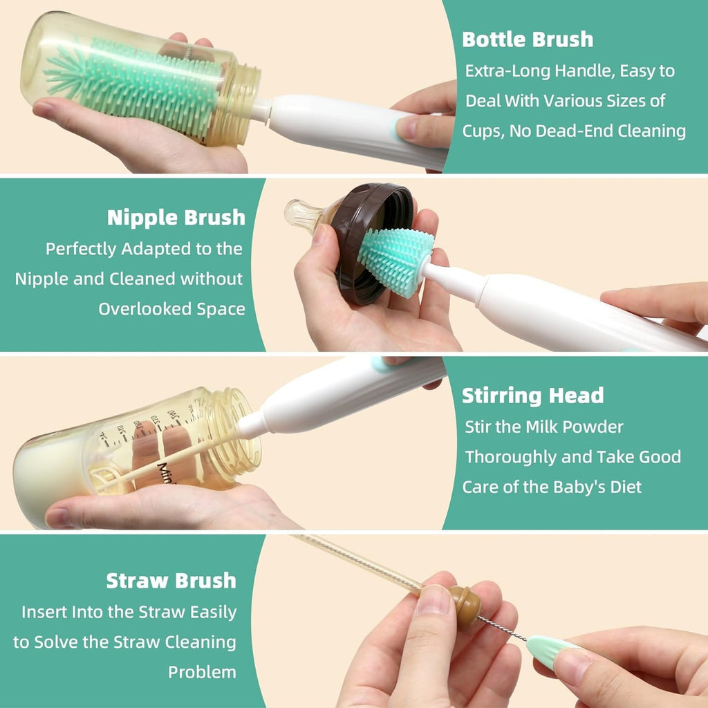 Electric Bottle Brush Cleaner  Rechargable Electric Baby Bottle Brush for Travel  Waterproof Electric Bottle Cleaner Set with Nipple & Straw Brush  Perfect Essentials Gift for Mom After Birth  Green
