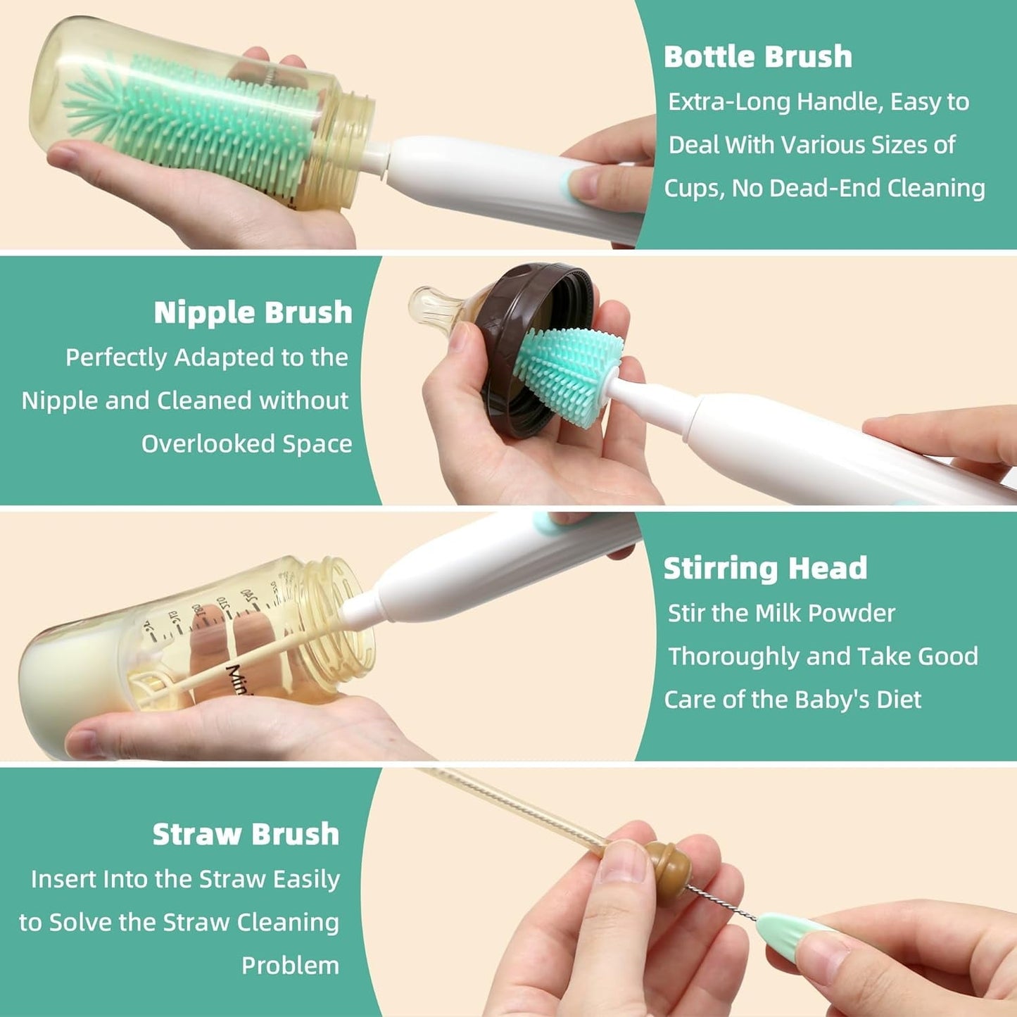 Electric Bottle Brush Cleaner  Rechargable Electric Baby Bottle Brush for Travel  Waterproof Electric Bottle Cleaner Set with Nipple & Straw Brush  Perfect Essentials Gift for Mom After Birth  Green