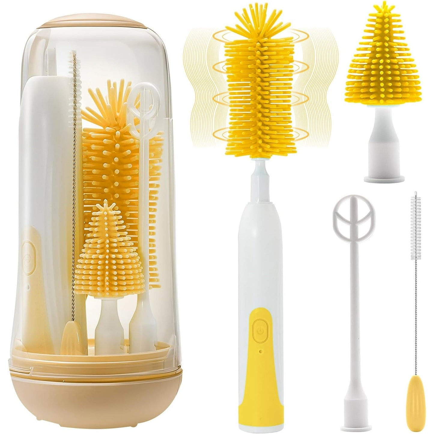 Electric Bottle Brush Cleaner  Portable Electric Baby Bottle Brush for Travel  Waterproof Electric Bottle Cleaner Set with Nipple & Straw Brush  Baby Bottle Brush Electric with Drying Rack  Yellow