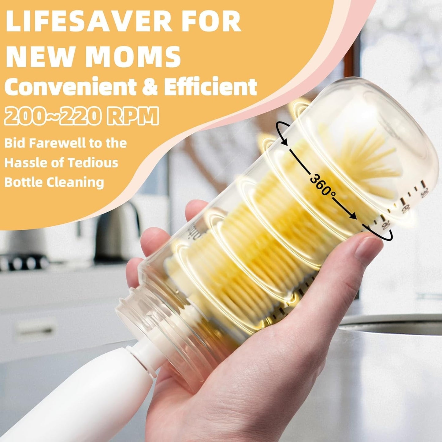 Electric Bottle Brush Cleaner  Portable Electric Baby Bottle Brush for Travel  Waterproof Electric Bottle Cleaner Set with Nipple & Straw Brush  Baby Bottle Brush Electric with Drying Rack  Yellow