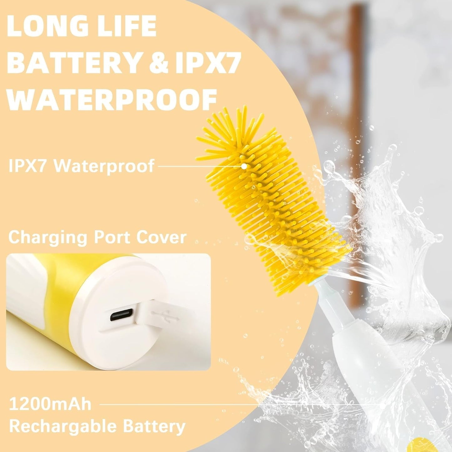 Electric Bottle Brush Cleaner  Portable Electric Baby Bottle Brush for Travel  Waterproof Electric Bottle Cleaner Set with Nipple & Straw Brush  Baby Bottle Brush Electric with Drying Rack  Yellow
