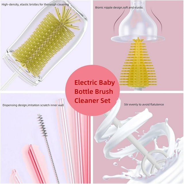 Electric Bottle Brush Cleaner  Portable Electric Baby Bottle Brush for Travel  Waterproof Electric Bottle Cleaner Set with Nipple & Straw Brush  Baby Bottle Brush Electric with Drying Rack  Yellow