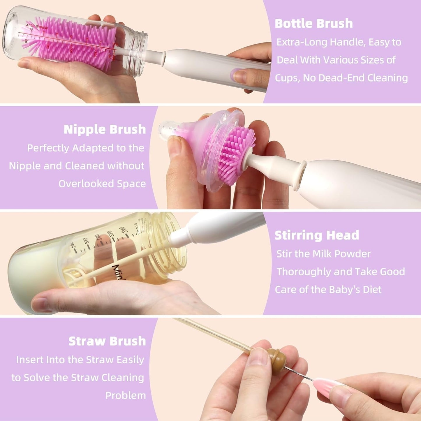 Electric Bottle Brush Cleaner  Rechargable Electric Baby Bottle Brush for Travel  Waterproof Electric Bottle Cleaner Set with Nipple & Straw Brush  Perfect Essentials Gift for Mom After Birth  Purple