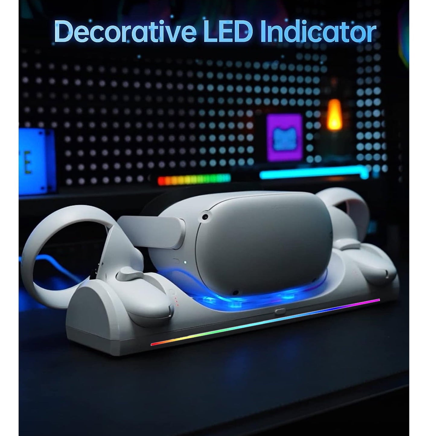 VR Charging Dock for Meta Quest 2 with RGB LED Light  Magnetic Charging Station for Oculus Quest 2 VR Headset and Touch Controllers  with 2 Rechargeable Batteries/Type-C Charger Cable