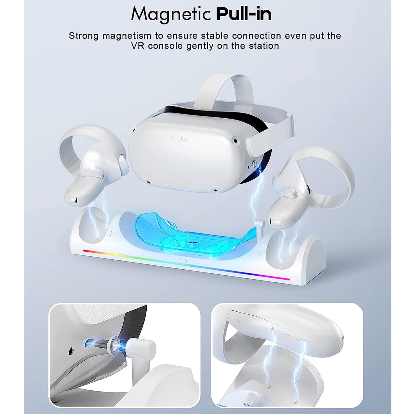 VR Charging Dock for Meta Quest 2 with RGB LED Light  Magnetic Charging Station for Oculus Quest 2 VR Headset and Touch Controllers  with 2 Rechargeable Batteries/Type-C Charger Cable