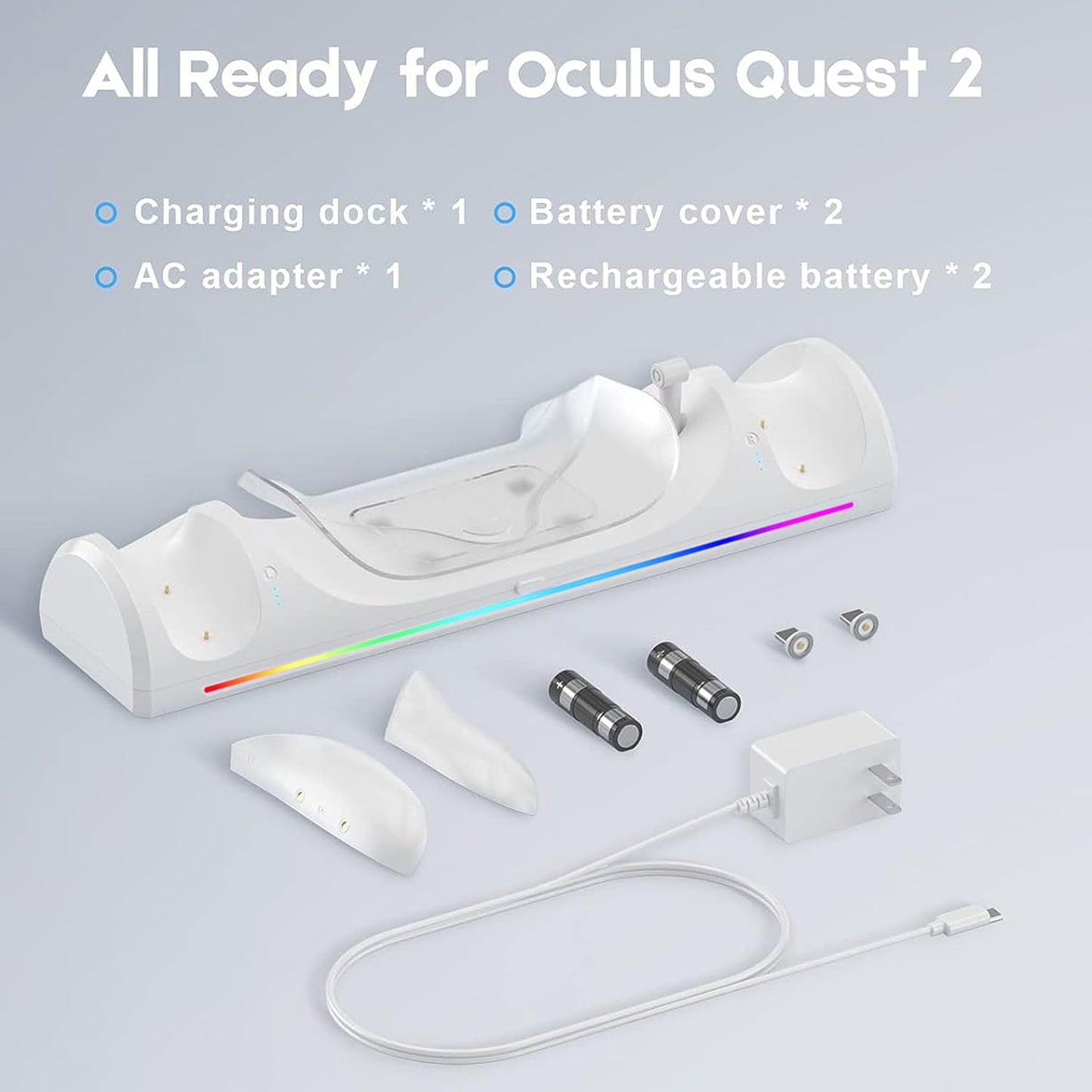 VR Charging Dock for Meta Quest 2 with RGB LED Light  Magnetic Charging Station for Oculus Quest 2 VR Headset and Touch Controllers  with 2 Rechargeable Batteries/Type-C Charger Cable