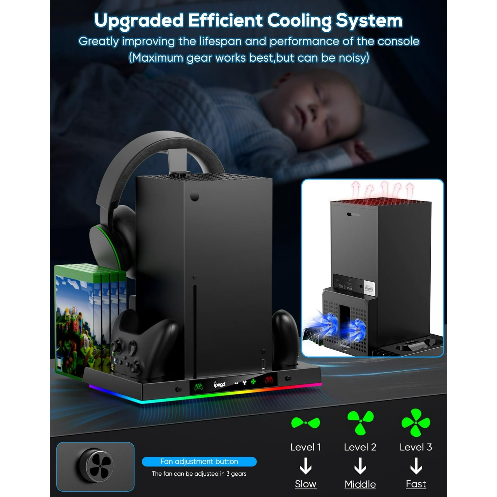 Upgraded RGB Cooling Fan Charging Station for Xbox Series X Console & Controller  Wireless Dual Charger Dock & Cooler System Stand with 15 Colorful Light Modes for Xbox Series X & Accessories Storage