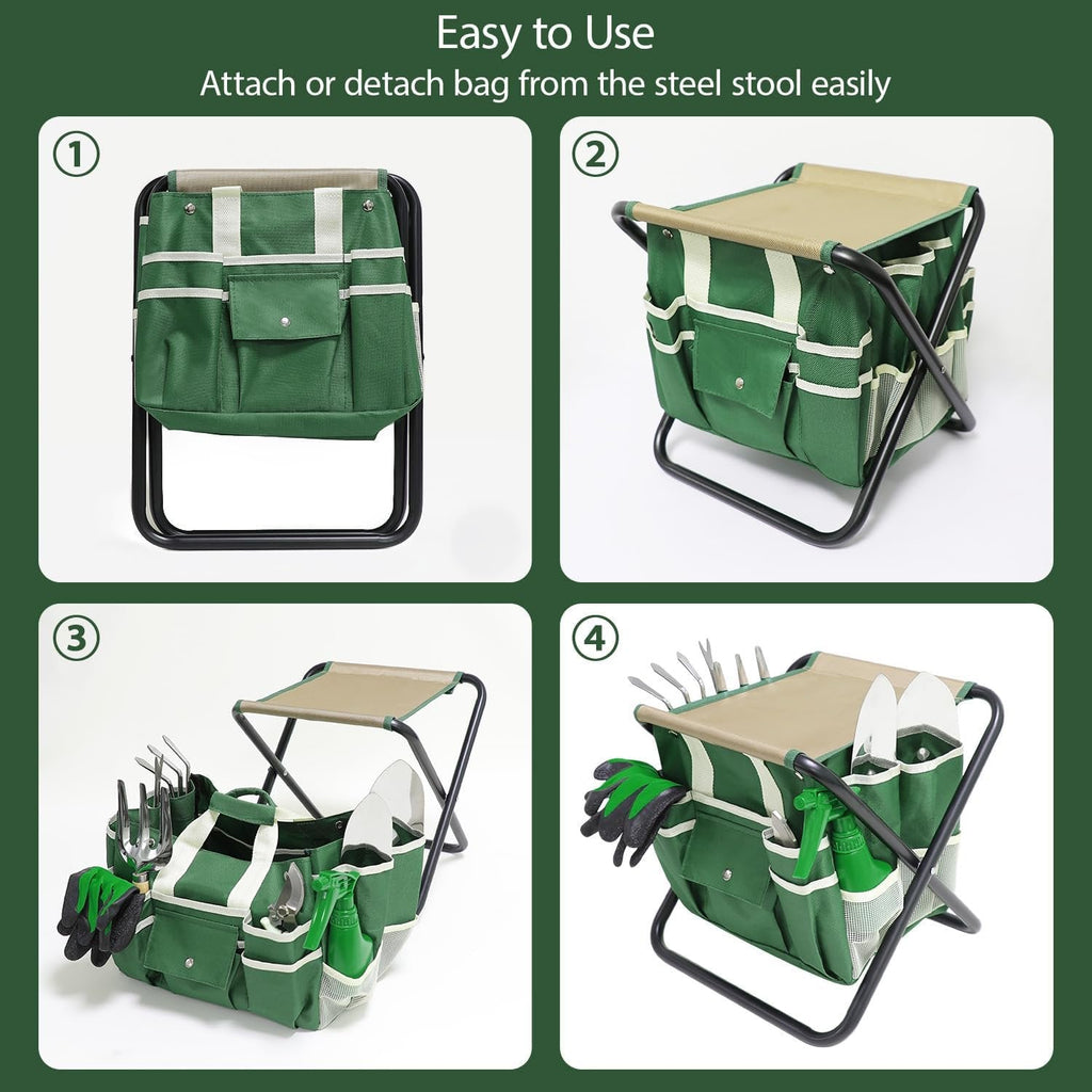 Garden Tool Set 12 Piece Gardening Kit with Heavy Duty Folding Stool Gardening Tools with Detachable Canvas Storage Tote Bag Stainless Steel Outdoor Hand Garden Tools  Gardening Gifts for Women Men