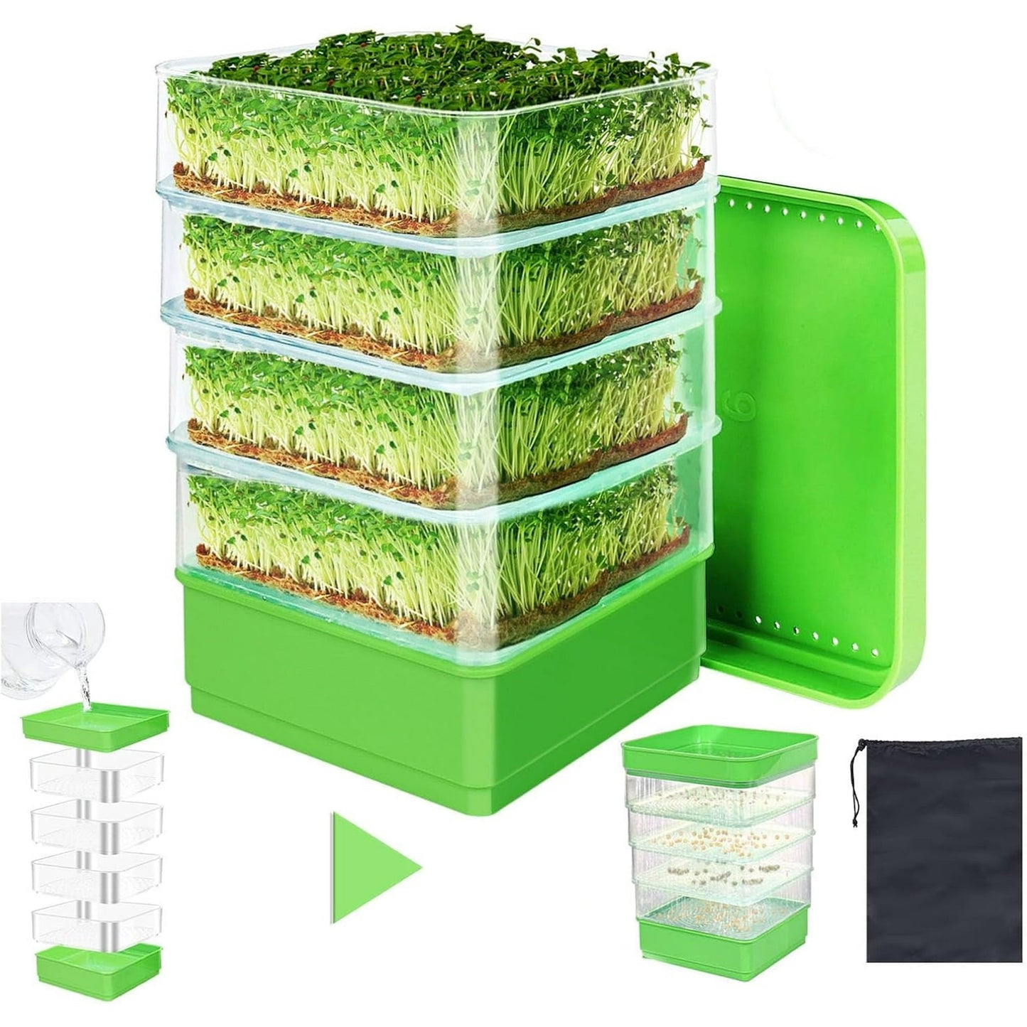 MUSICOZY 4 Layers Seed Sprouting Tray Kit with Drain Holes and Drain Tray  Upgrade Stackable Microgreens Fresh Organic Bean Seed Sprouter Tray Ripple Soil-Free Sprouter Tray for Beans Alfalfa Seeds