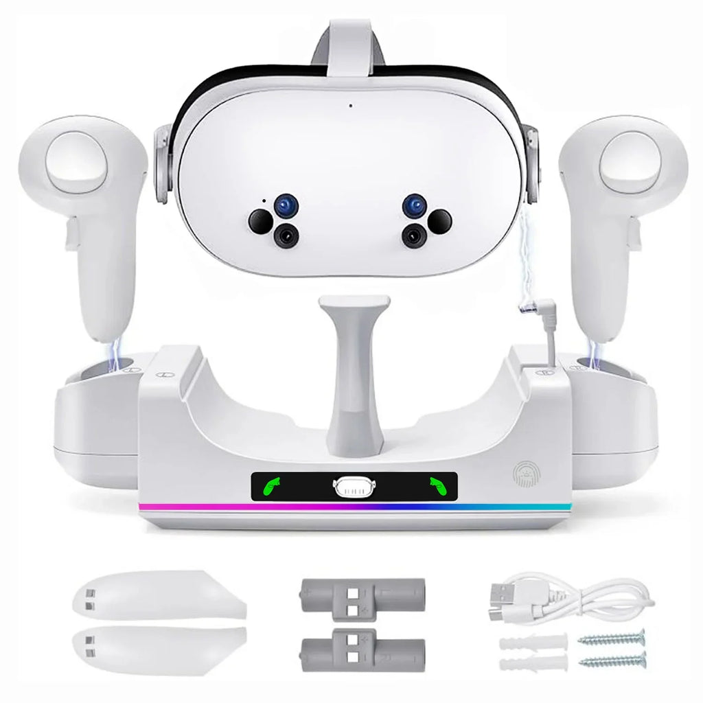 RGB Charging Dock for Oculus Quest 3/3S Charging Stand for Meta Quest 3S Controller and Headset with 2 Rechergeable Batteries Battery Cover|Wall Mount Charging Dock Station for Quest 3S Dual-use