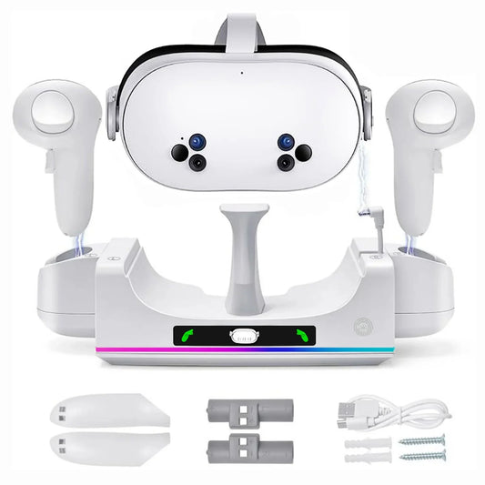 RGB Charging Dock for Oculus Quest 3/3S Charging Stand for Meta Quest 3S Controller and Headset with 2 Rechergeable Batteries Battery Cover|Wall Mount Charging Dock Station for Quest 3S Dual-use