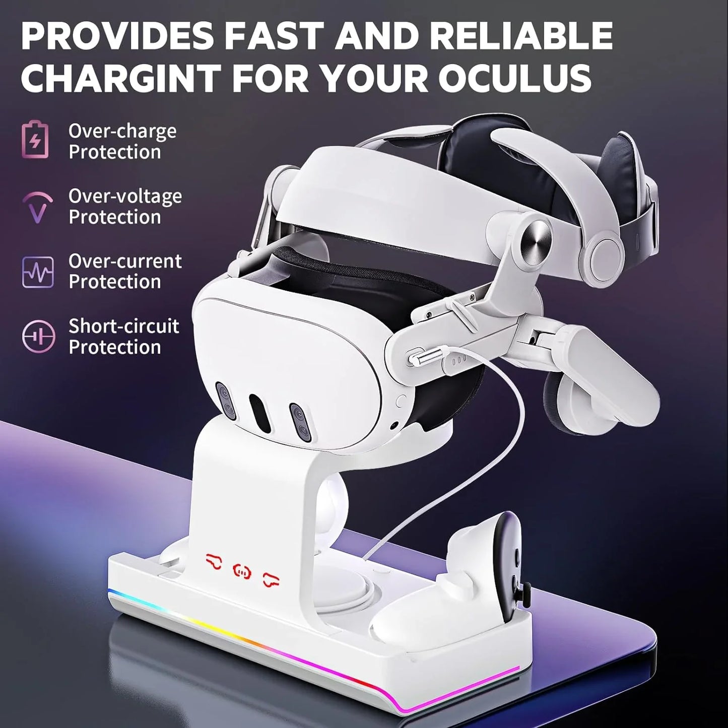 Charging Dock for Oculus/Meta Quest 3- Magnetic Docking Station with LED Light - Headset Display Stand and Controller Mount  2 * 1800Mah Rechargeable Batteries White