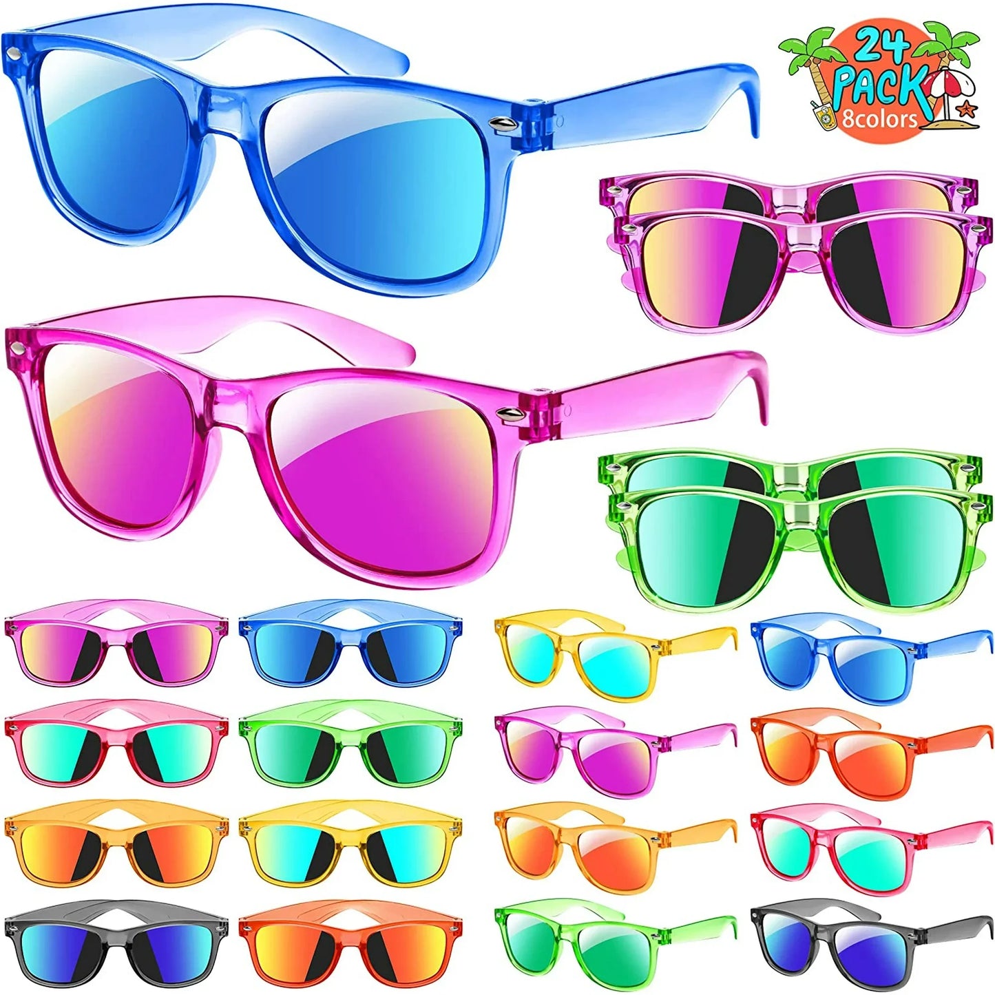 Prociv 24 Pack Kids Sunglasses Bulk  Kids Sunglasses Party Favor  Neon Translucent Sunglasses with UV400 Protection  Boys Girls Age 3-8  Beach Pool Birthday Party Supplies