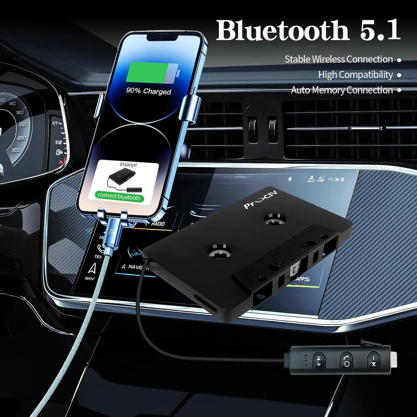 New Car Audio Bluetooth Wireless Cassette Receiver  Bluetooth 5.1 Car Audio Stereo Cassette Vehicle Tape Converter Cassette  Work While Charging Black