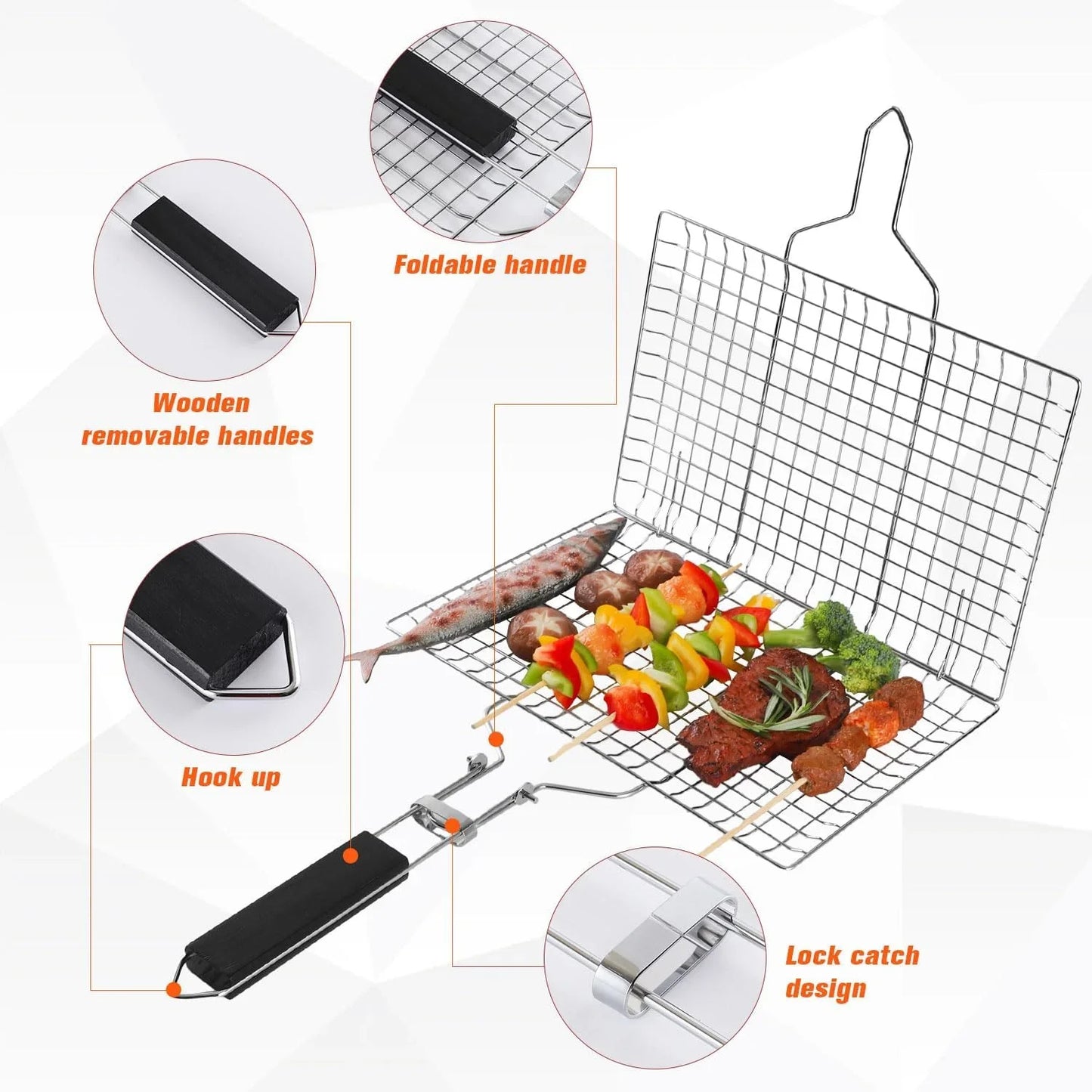 Grill Basket with Foldable Handle  BBQ Basket Grill Accessories Stainless Steel BBQ Grill Mesh BBQ Vegetable Slices Basket Grill Basket Camping Grill Suitable for Vegetable Fries Fish