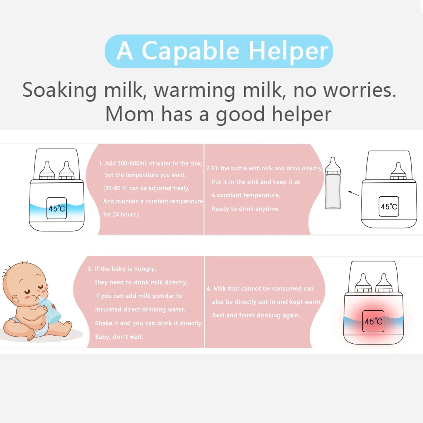 Baby Bottle Warmer  8-in-1 Fast Milk Warmer with Timer Breastmilk or Formula  Fits 4 Bottles  Accurate Temperature Control  with Defrost  Sterili-zing  Keep  Heat Baby Food Jars Function