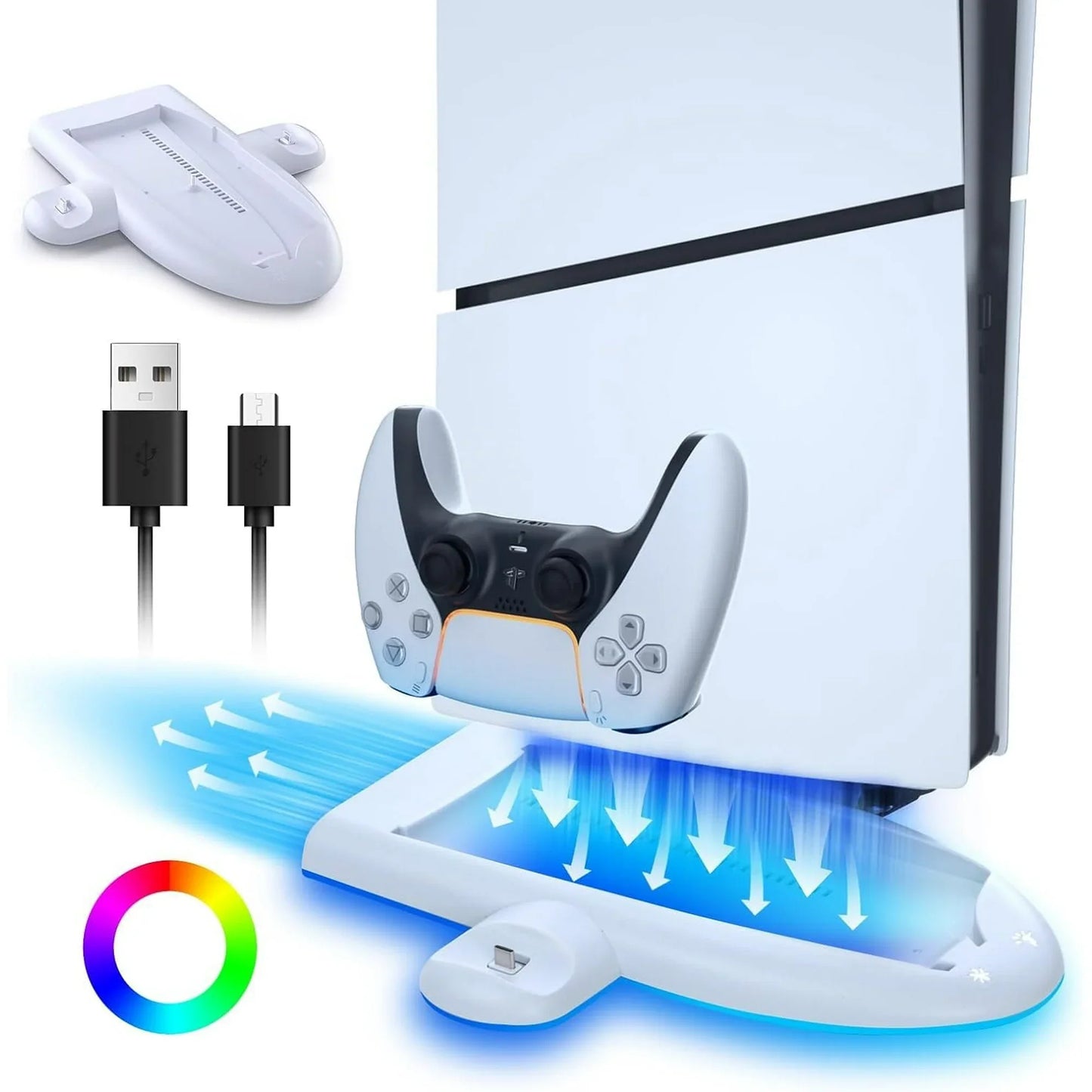 Charging Stand with Cooling Fan for PS5 Slim Console  Dual Controller Charger Station with 9 RGB Light for DualSense/Edge  Quiet Cooling System Accessories for Playstation5 Slim Digital/Disc