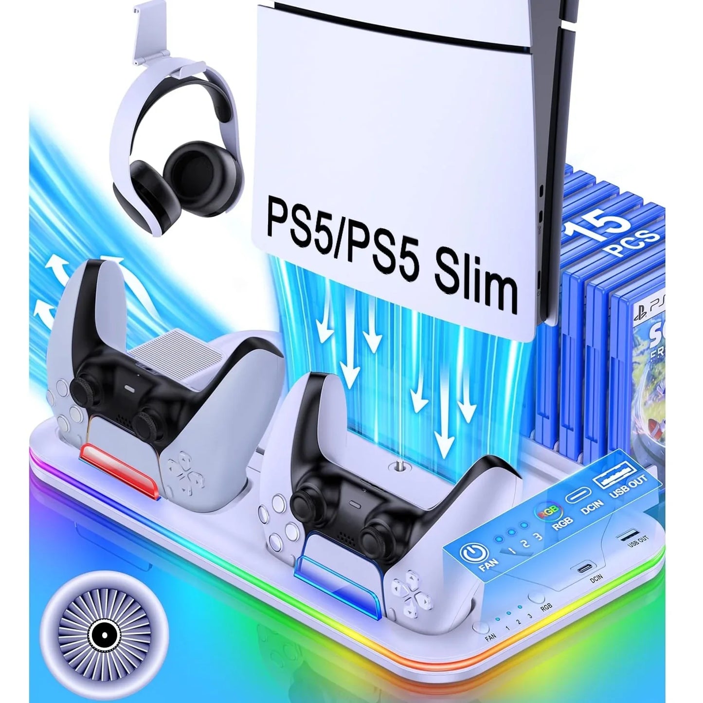 PS5 Slim Stand and Turbo Cooling Station with Controller Charging Station for Playsation 5  3 Levels Cooling Fan  RGB Light  15 Game Storage  Headset Holder for PS5 Digital/Disc