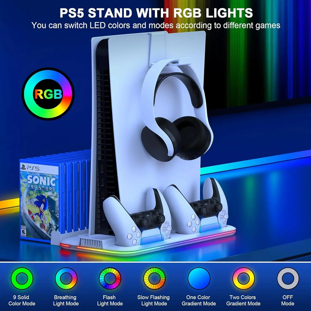 PS5 Slim Stand and Turbo Cooling Station with Controller Charging Station for Playsation 5  3 Levels Cooling Fan  RGB Light  15 Game Storage  Headset Holder for PS5 Digital/Disc