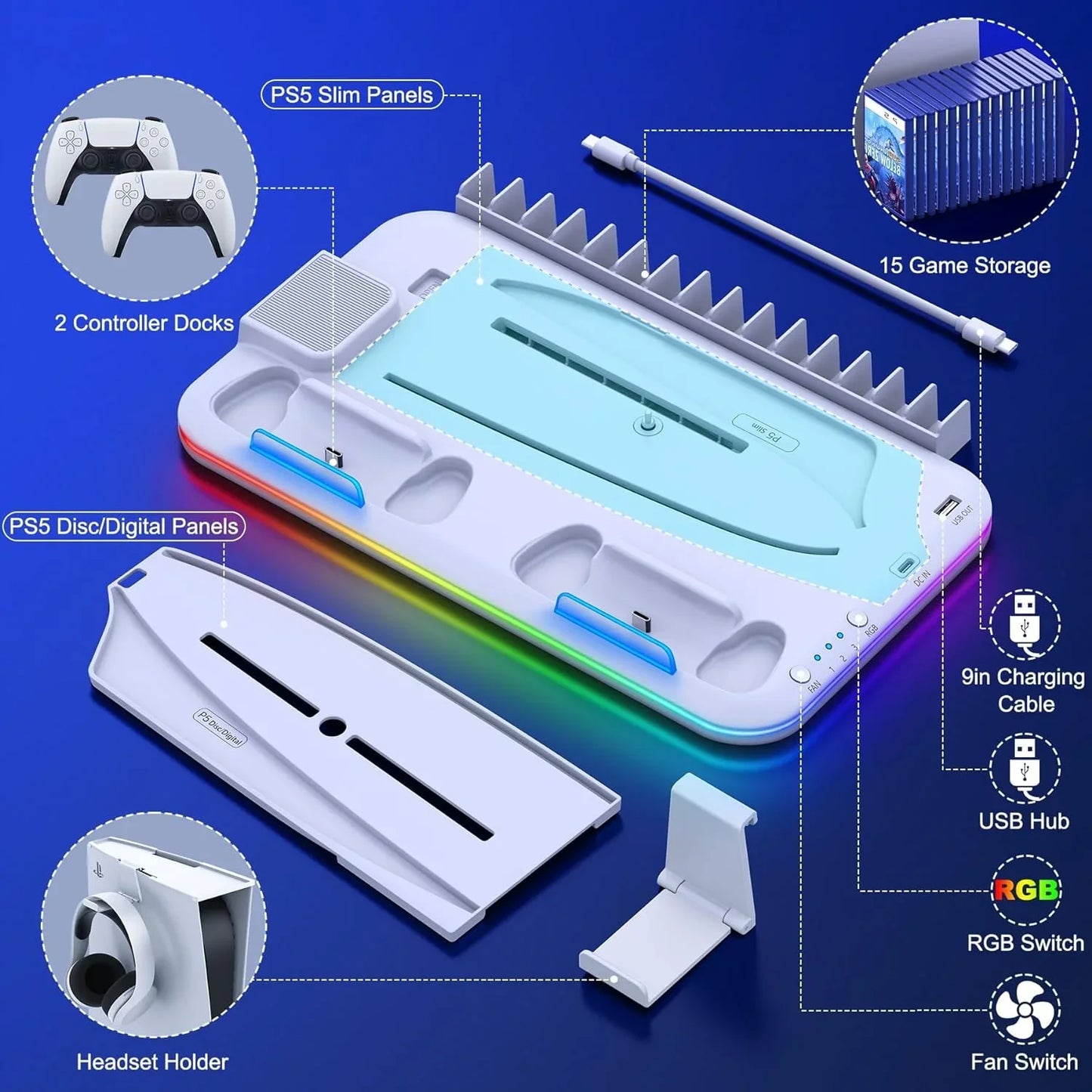 PS5 Slim Stand and Turbo Cooling Station with Controller Charging Station for Playsation 5  3 Levels Cooling Fan  RGB Light  15 Game Storage  Headset Holder for PS5 Digital/Disc