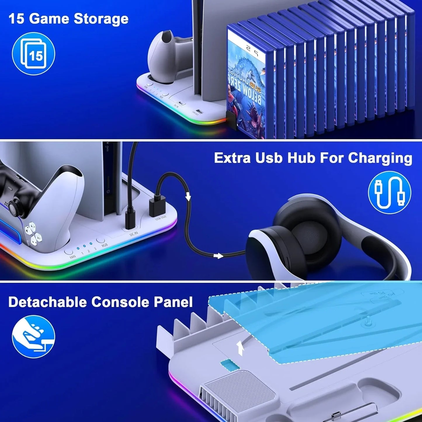 PS5 Slim Stand and Turbo Cooling Station with Controller Charging Station for Playsation 5  3 Levels Cooling Fan  RGB Light  15 Game Storage  Headset Holder for PS5 Digital/Disc