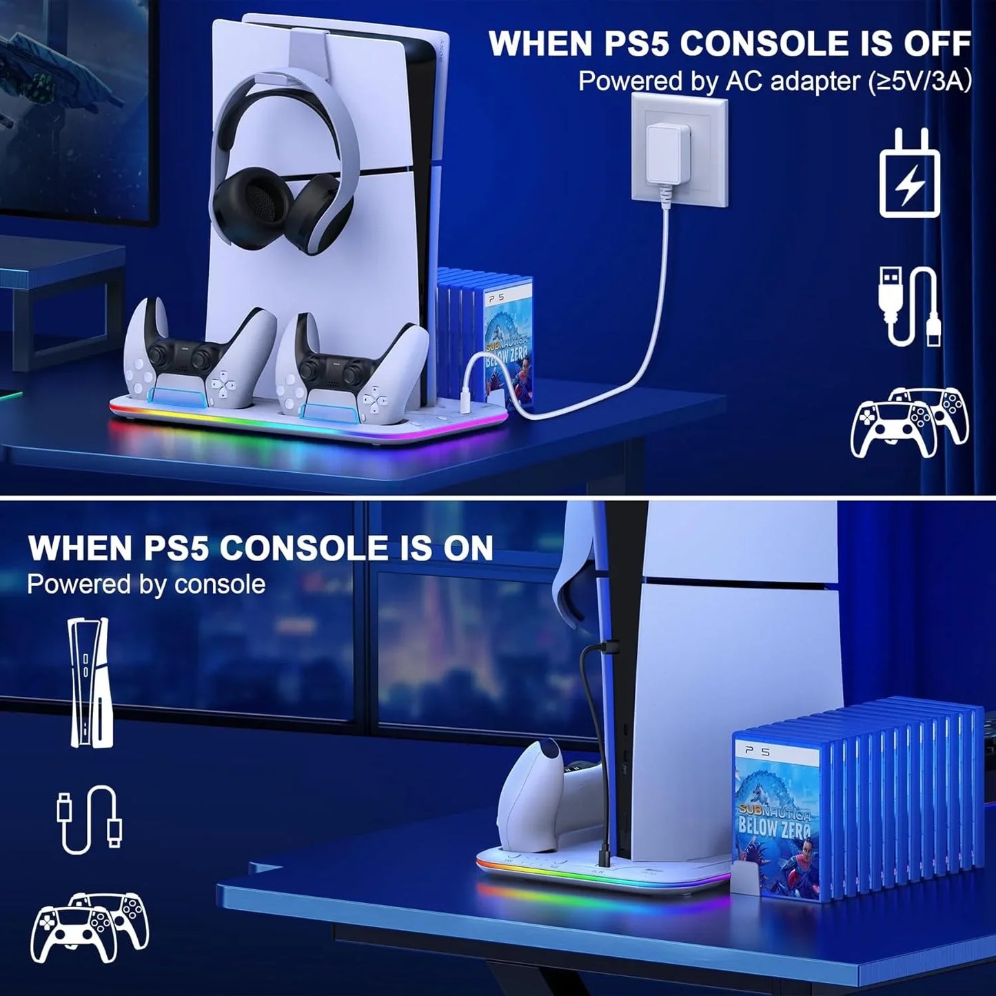 PS5 Slim Stand and Turbo Cooling Station with Controller Charging Station for Playsation 5  3 Levels Cooling Fan  RGB Light  15 Game Storage  Headset Holder for PS5 Digital/Disc