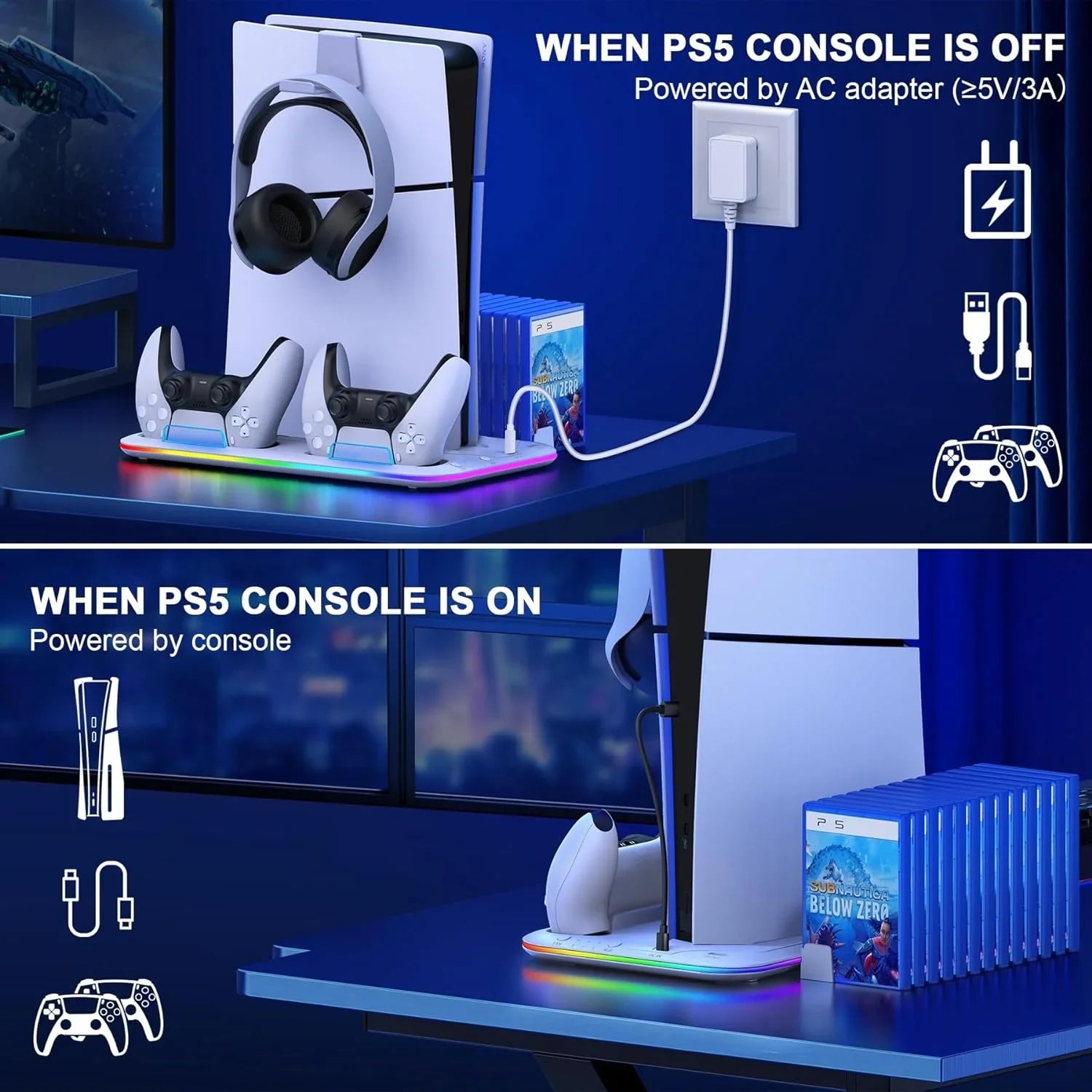 PS5 Slim Stand and Turbo Cooling Station with Controller Charging Station for Playsation 5  3 Levels Cooling Fan  RGB Light  15 Game Storage  Headset Holder for PS5 Digital/Disc