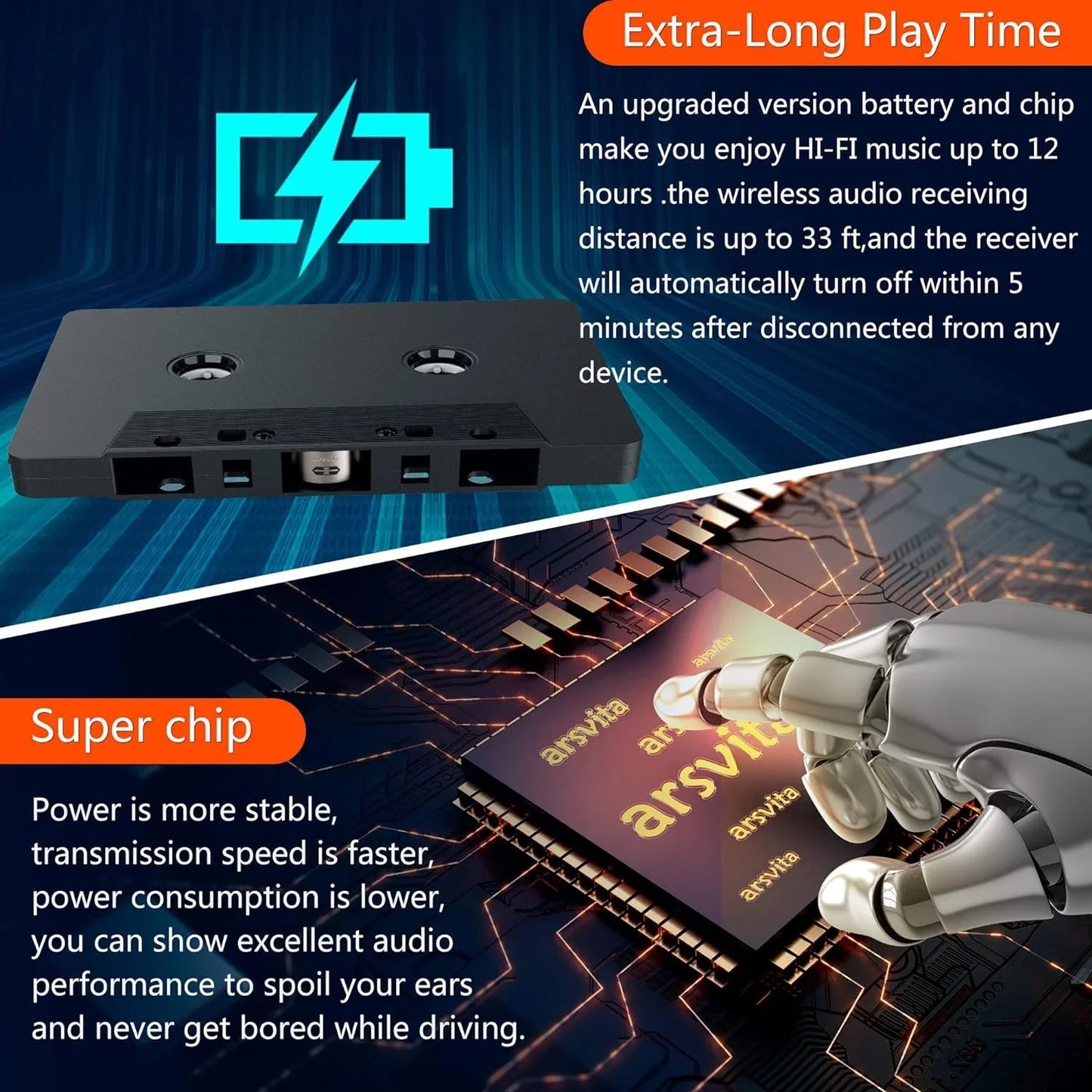 Wiher Car Audio Bluetooth Wireless Cassette Receiver  Tape Player Bluetooth 5.0 Cassette Aux Adapter Black